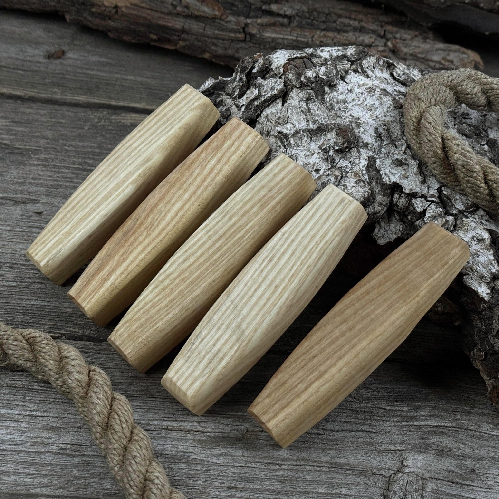 Set of 5 ergonomic ash wood replacement handles for knives and drawknives by Sharky Forged Steel Tools