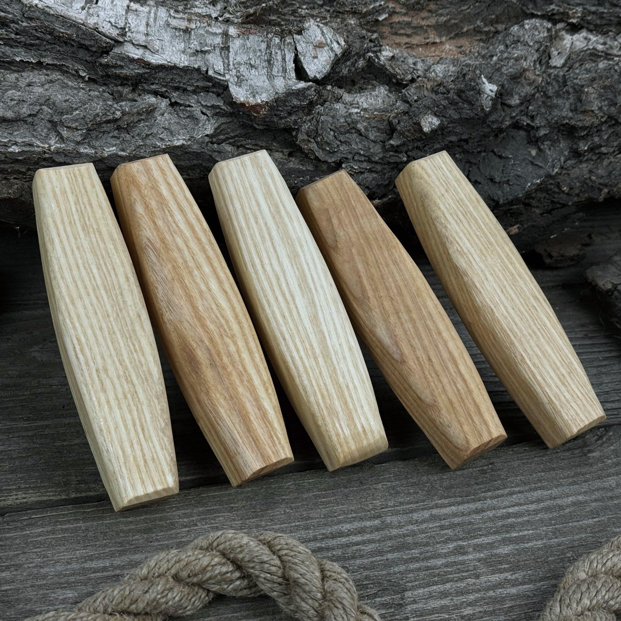 Set of 5 ergonomic ash wood replacement handles for knives and drawknives by Sharky Forged Steel Tools
