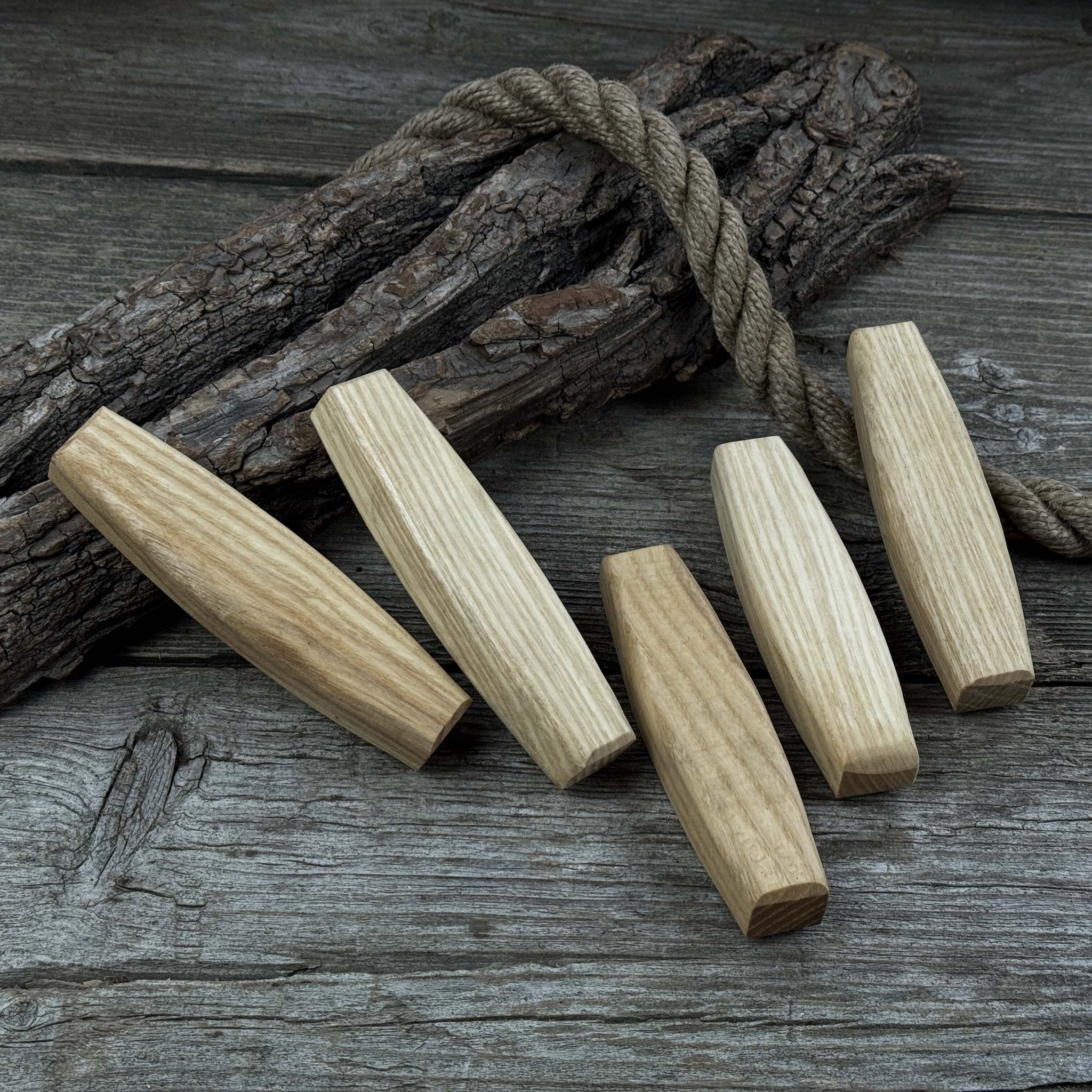 Set of 5 ergonomic ash wood replacement handles for knives and drawknives by Sharky Forged Steel Tools