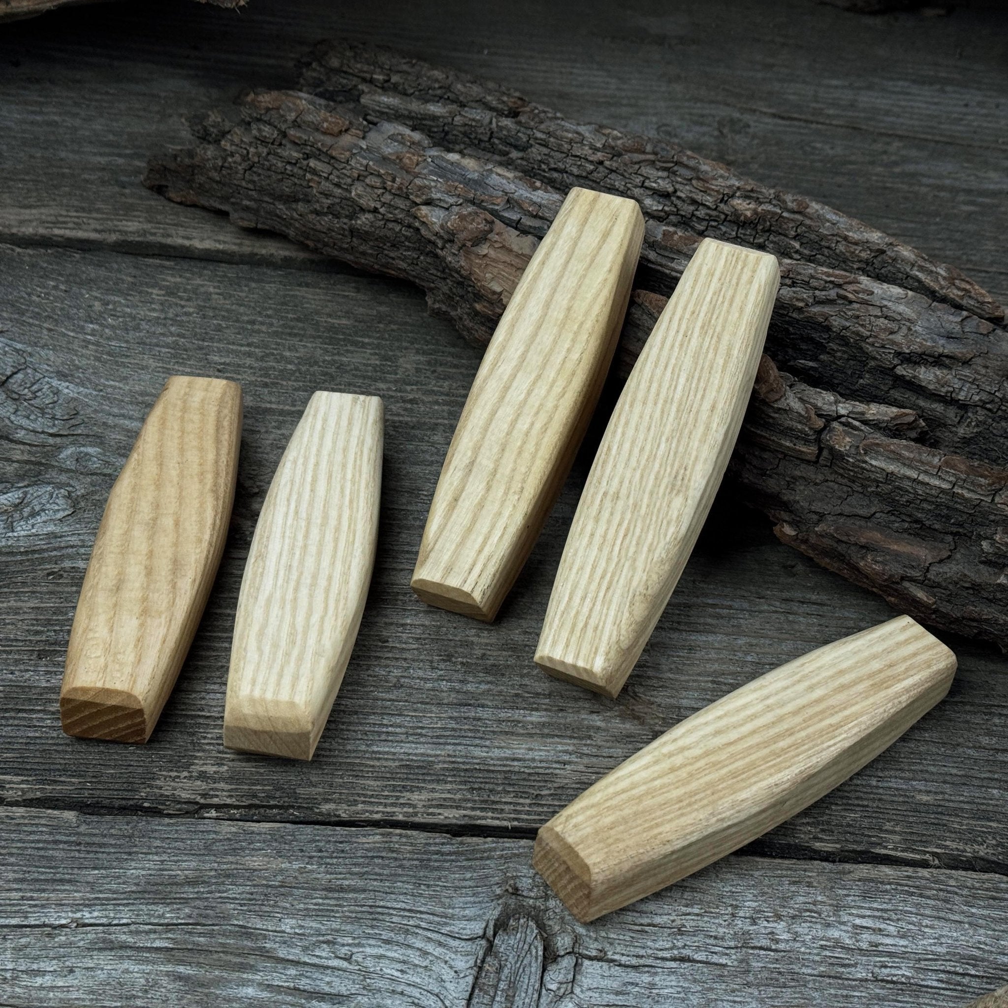 Set of 5 ergonomic ash wood replacement handles for knives and drawknives by Sharky Forged Steel Tools