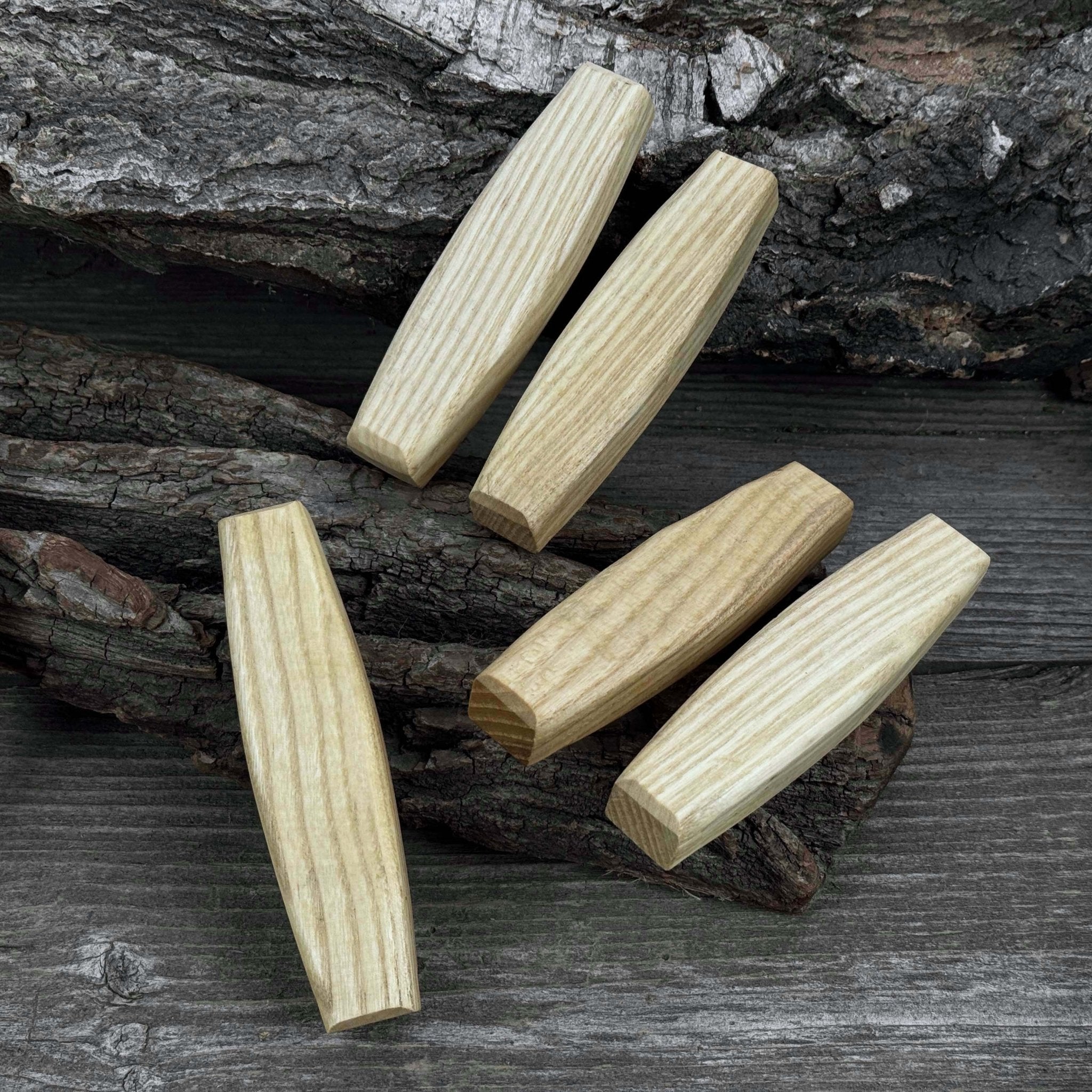 Set of 5 ergonomic ash wood replacement handles for knives and drawknives by Sharky Forged Steel Tools