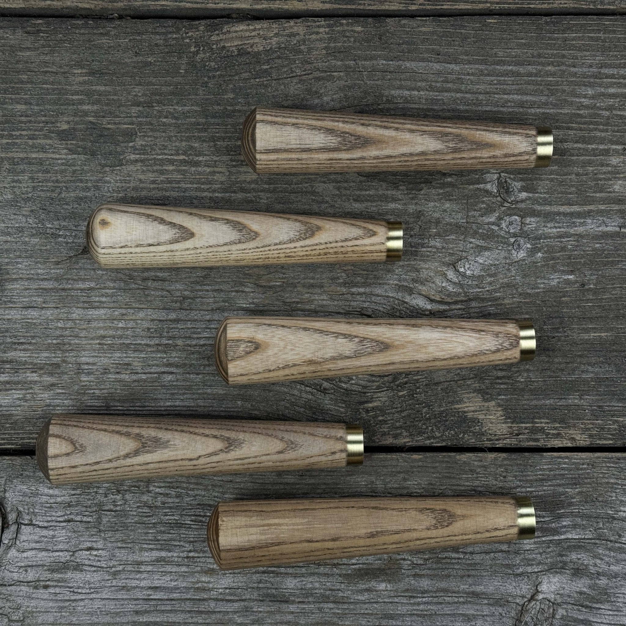 Set of 5 tapered ash wood tool handles with brass rings by Sharky Forged Steel Tools