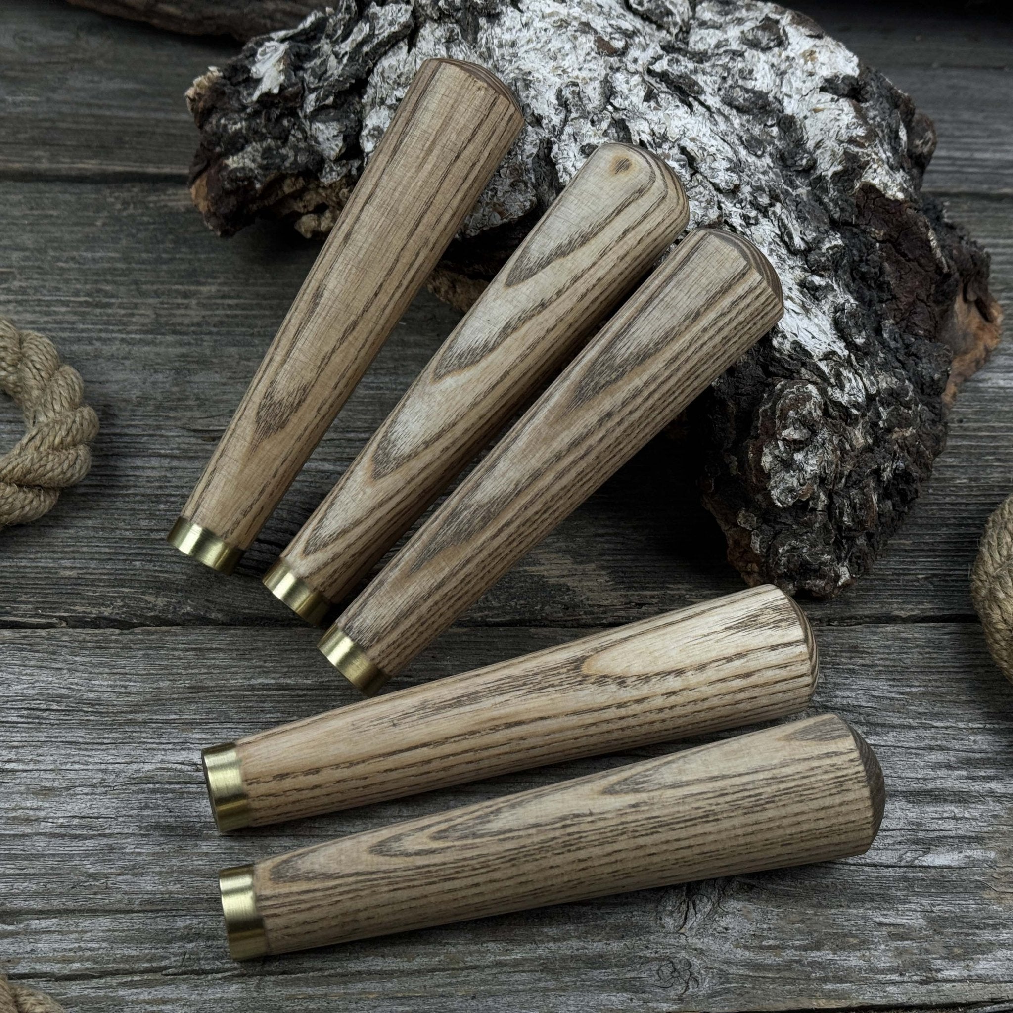 Set of 5 tapered ash wood tool handles with brass rings by Sharky Forged Steel Tools