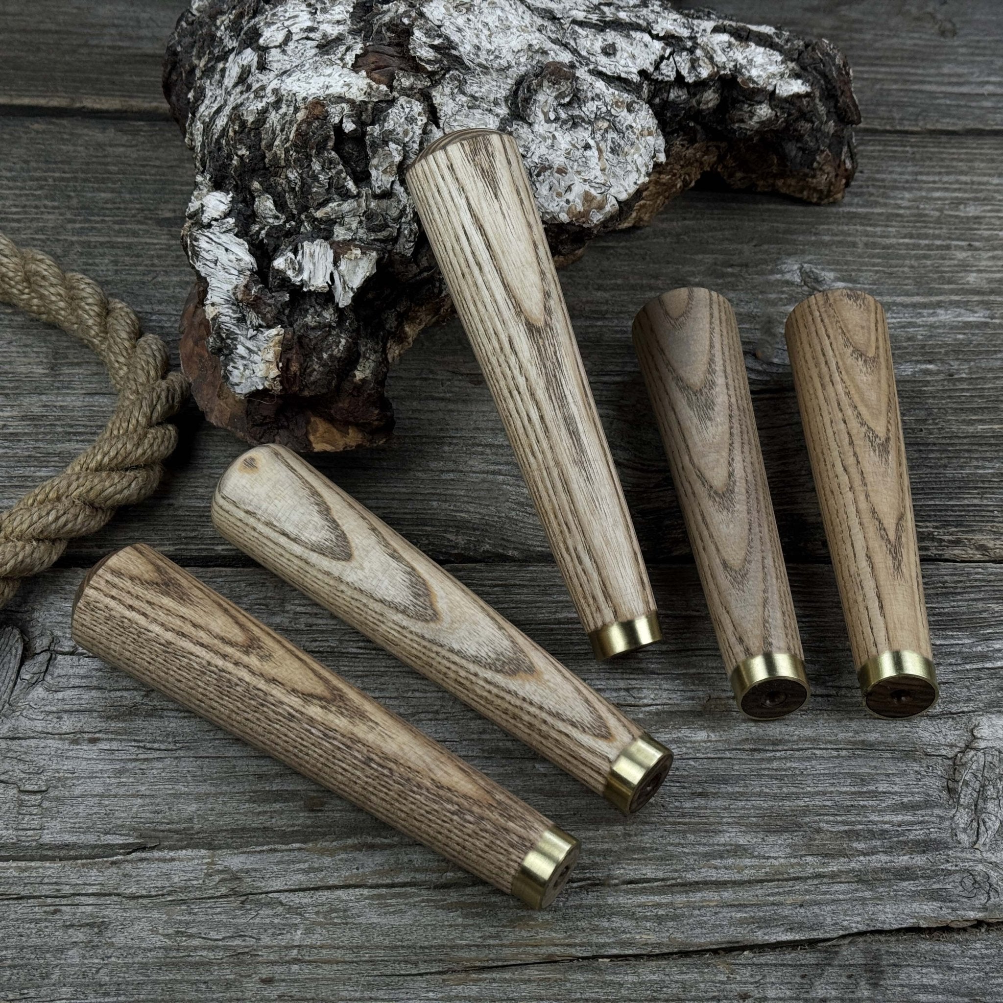Set of 5 tapered ash wood tool handles with brass rings by Sharky Forged Steel Tools
