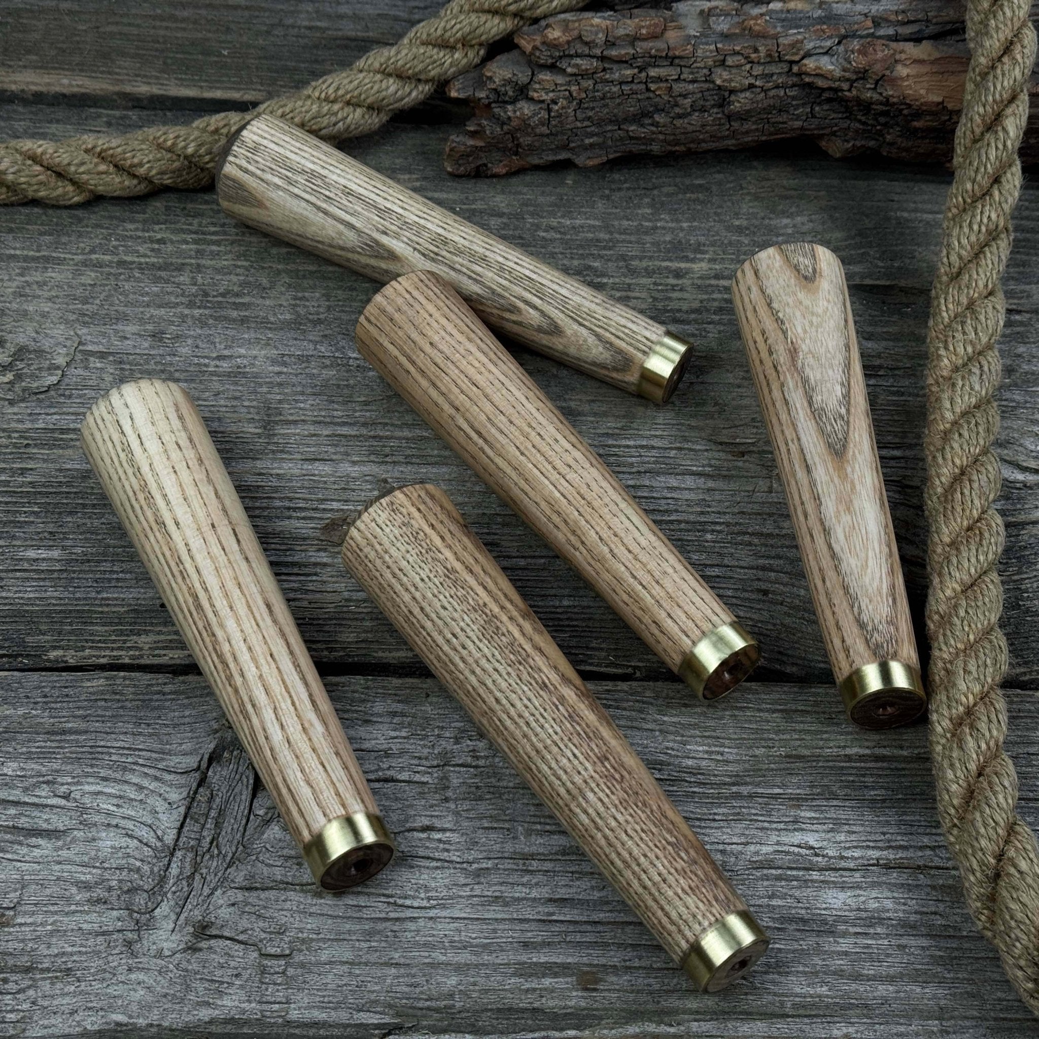 Set of 5 tapered ash wood tool handles with brass rings by Sharky Forged Steel Tools