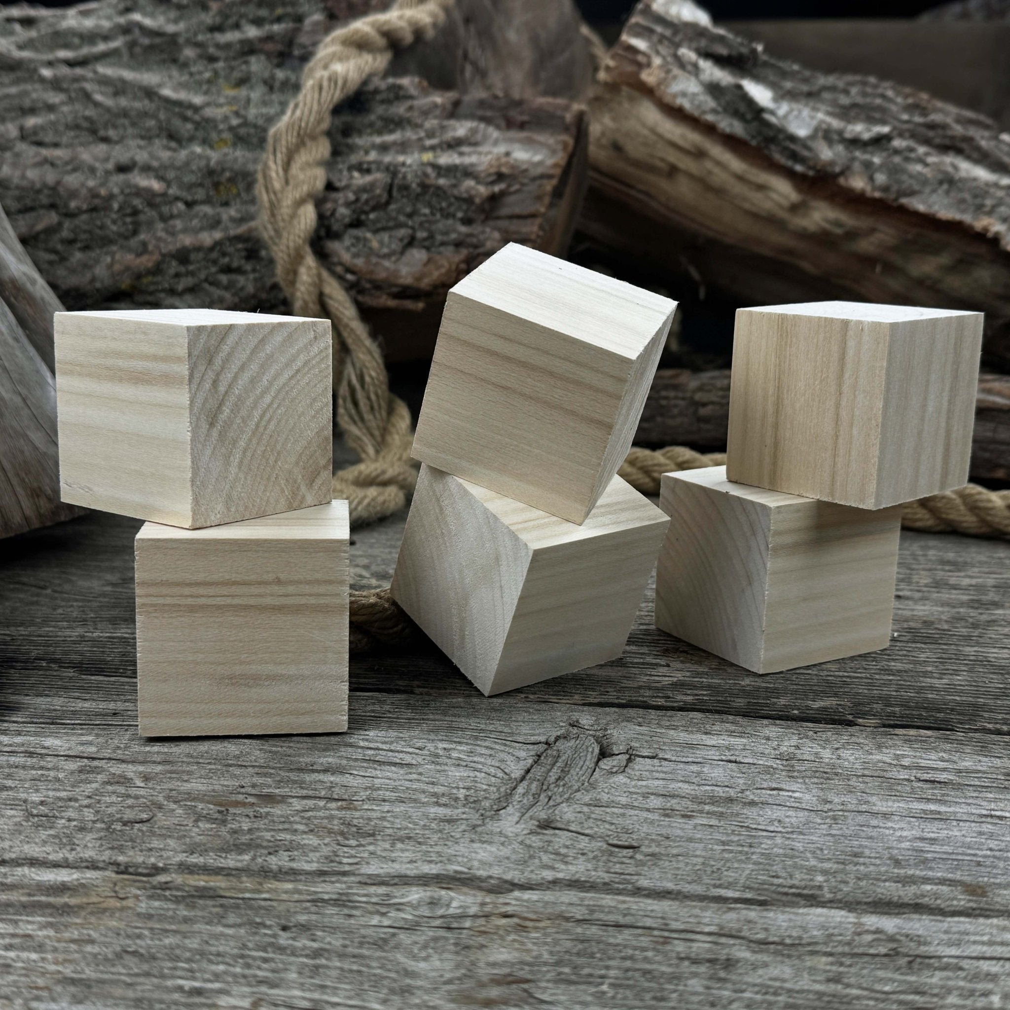 Set of six smooth linden wood carving blanks, each a 5 cm cube, ready for carving and crafts