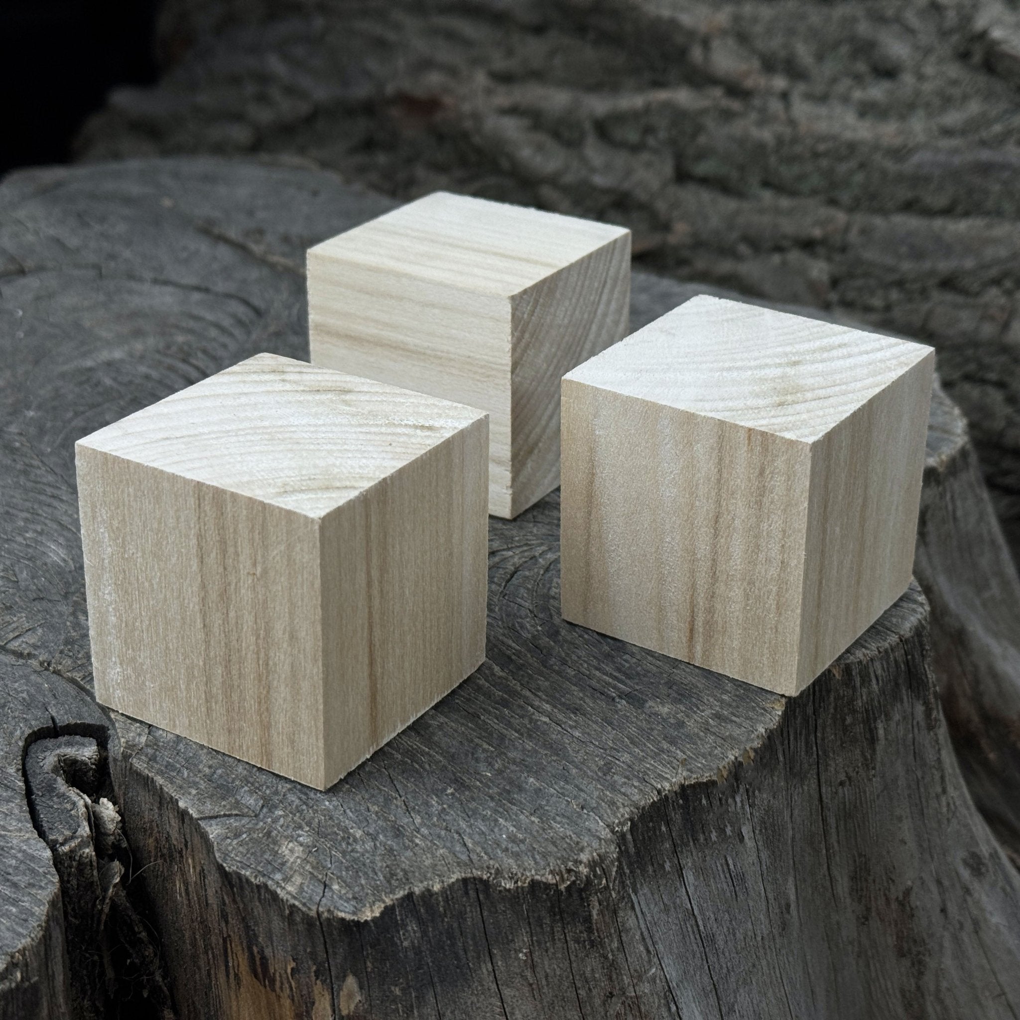 Set of six smooth linden wood carving blanks, each a 5 cm cube, ready for carving and crafts