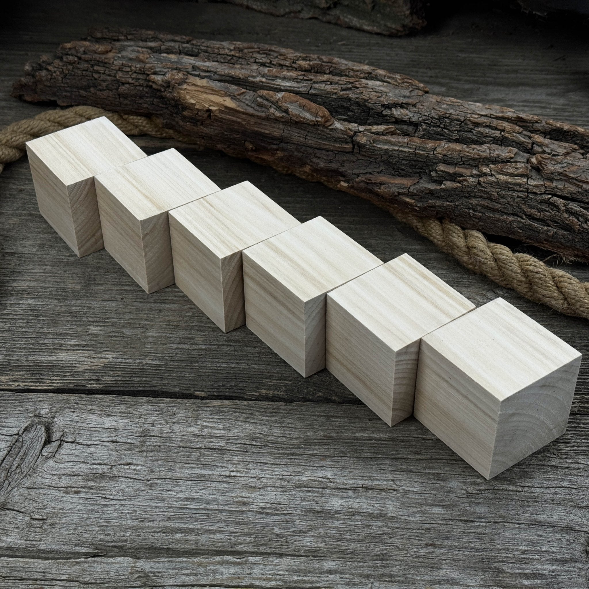 Set of six smooth linden wood carving blanks, each a 5 cm cube, ready for carving and crafts