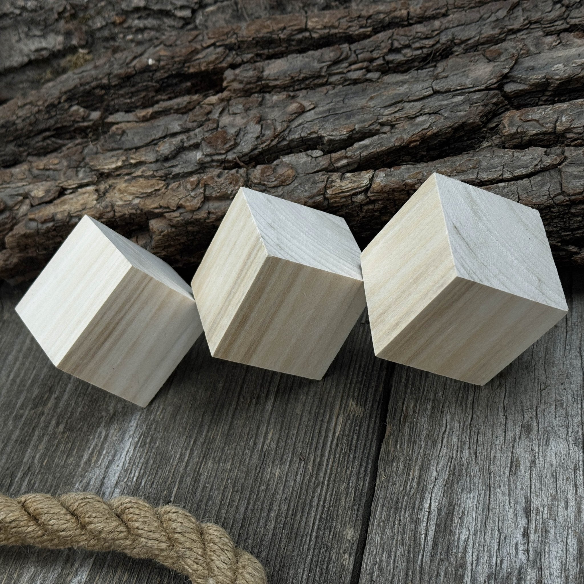Set of six smooth linden wood carving blanks, each a 5 cm cube, ready for carving and crafts