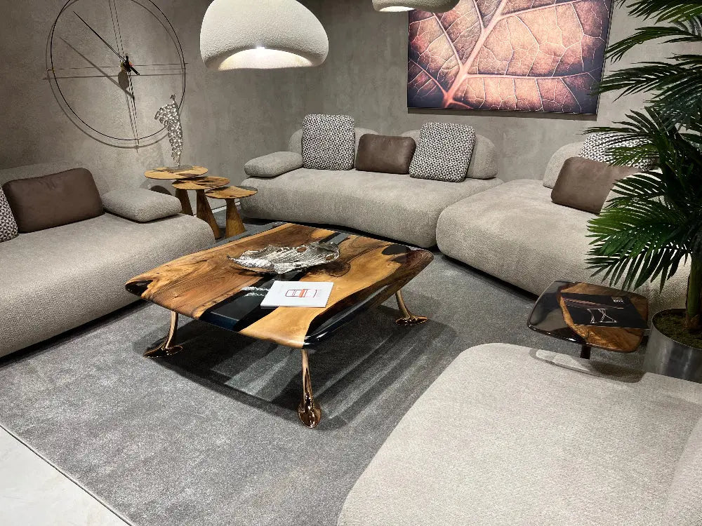 Luxury Epoxy Resin River Walnut Coffee Table with aluminum cast legs from the Osso Collection