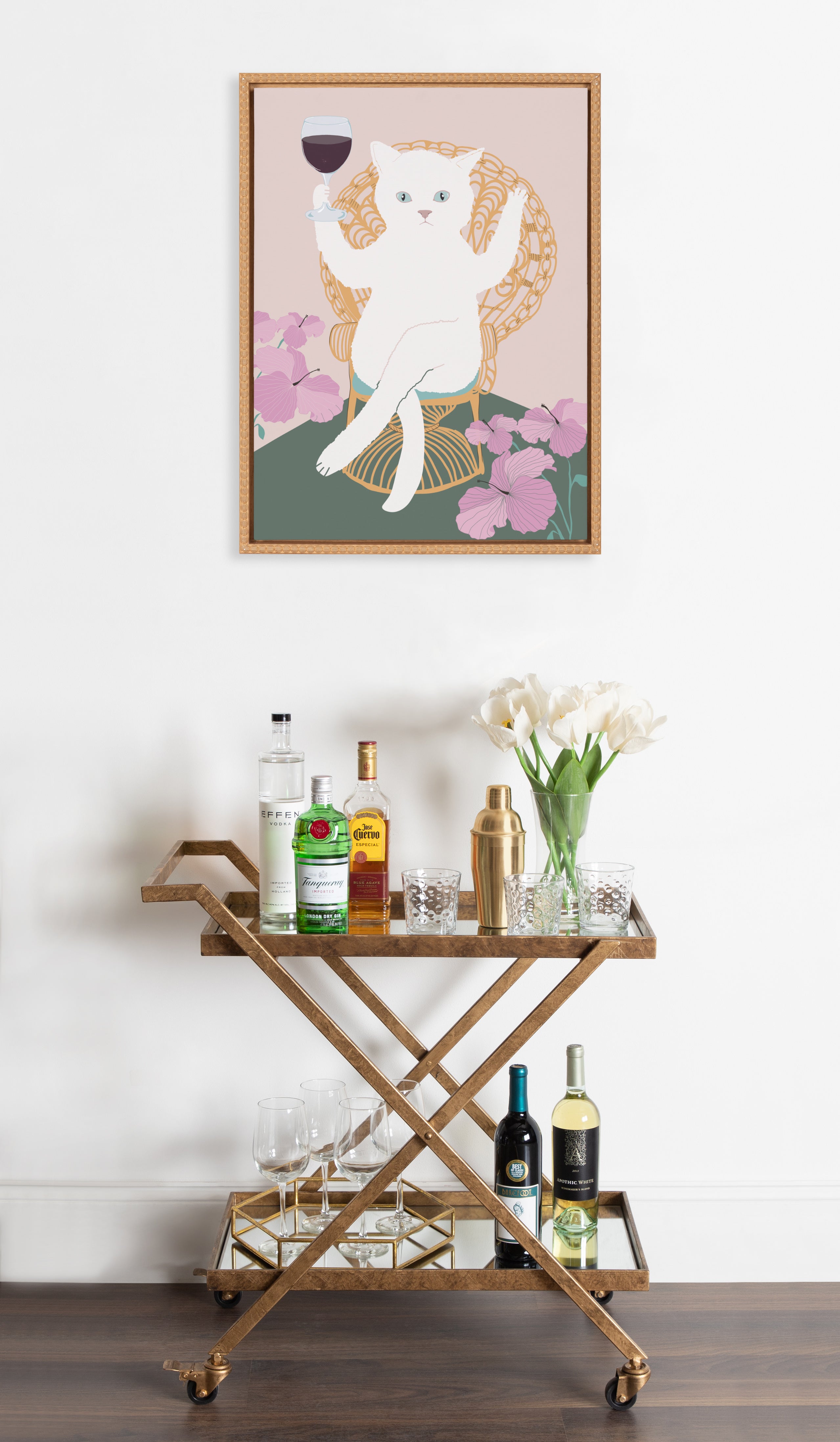 Sylvie Beaded Wine Cat II Framed Canvas by Honey Island Studio