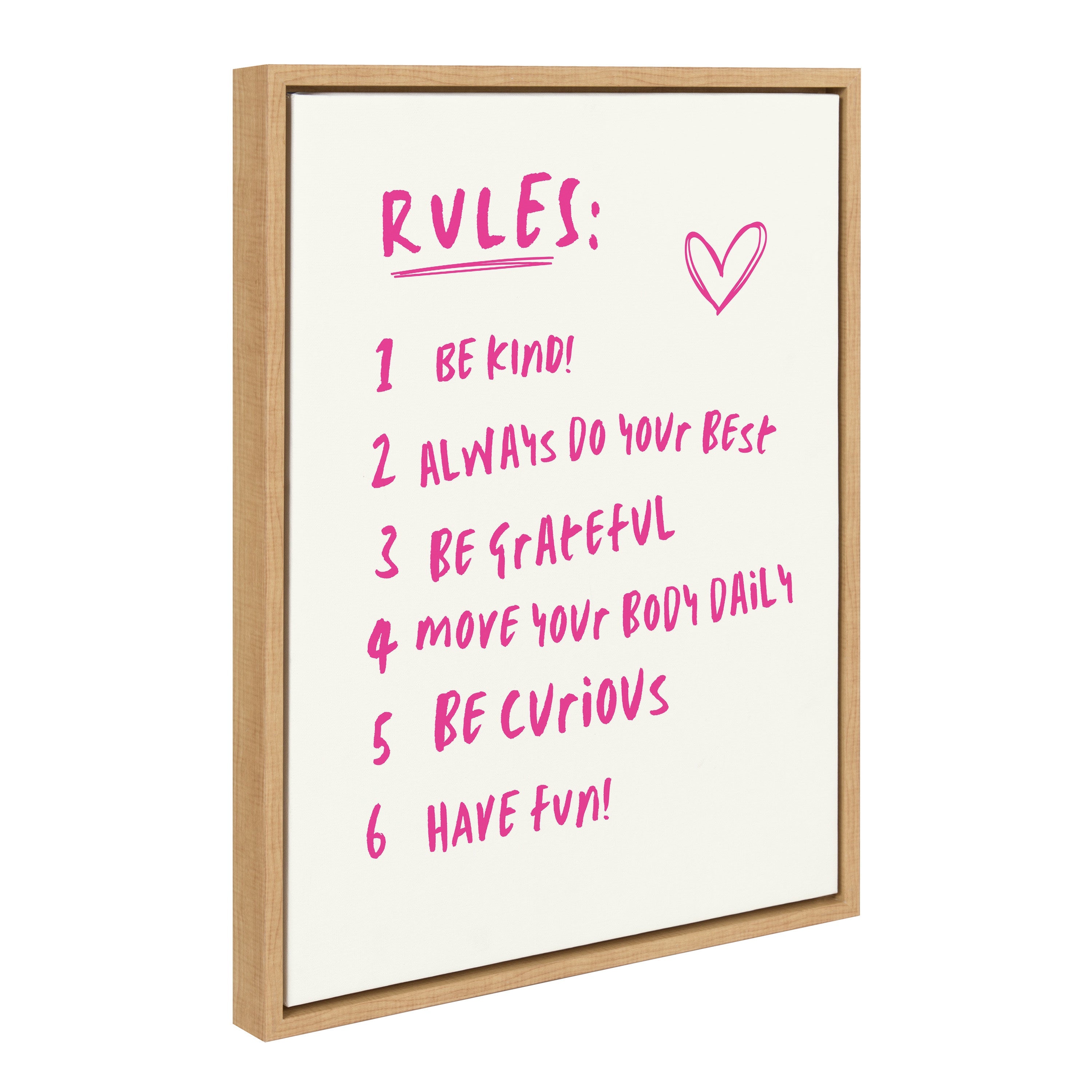 Sylvie House Rules framed canvas showing pink text of house rules in a modern floating frame
