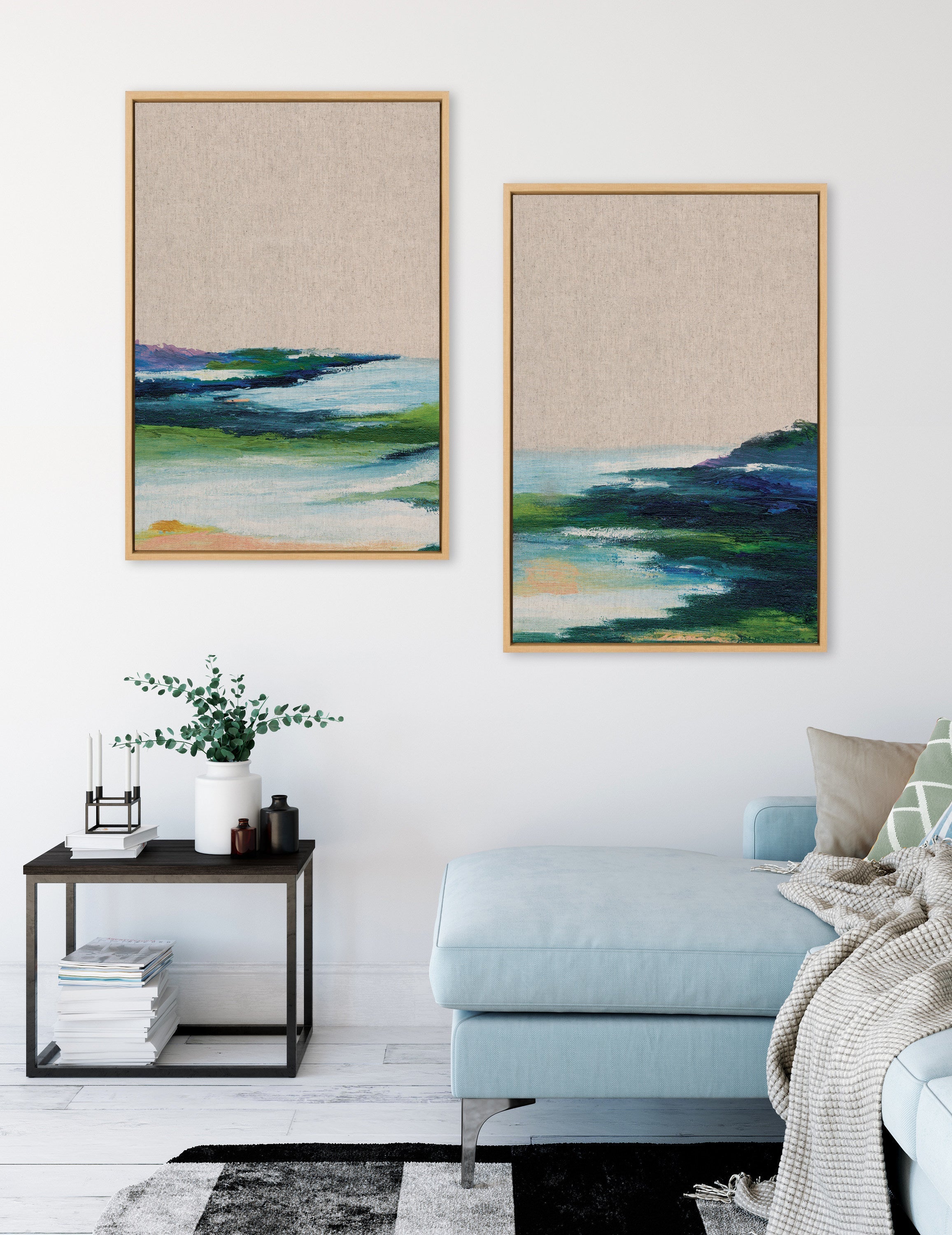 Sylvie Lake Huron I and II Neutral Linen Framed Canvas Art Set by Nikita Jariwala