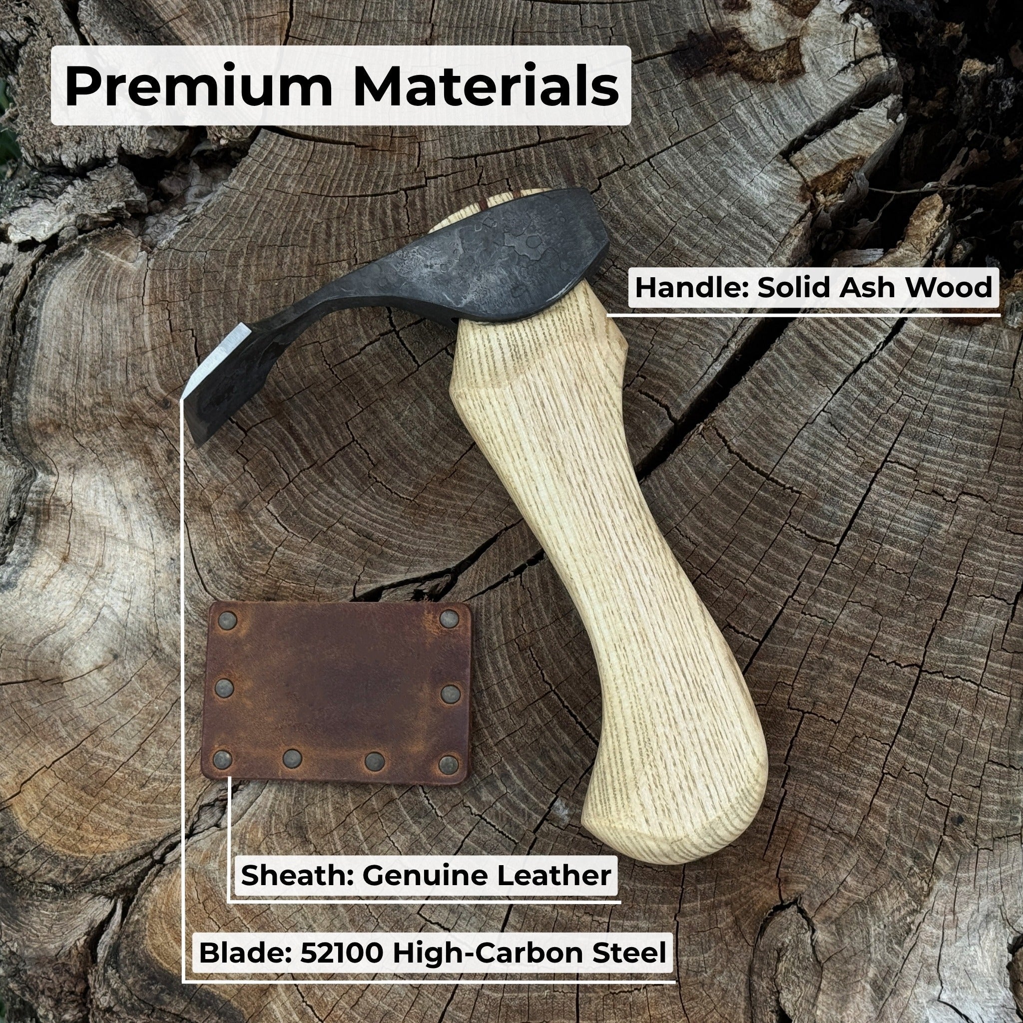 Small hand-forged adze with straight flat blade and ash wood handle by Sharky Forged Steel Tools