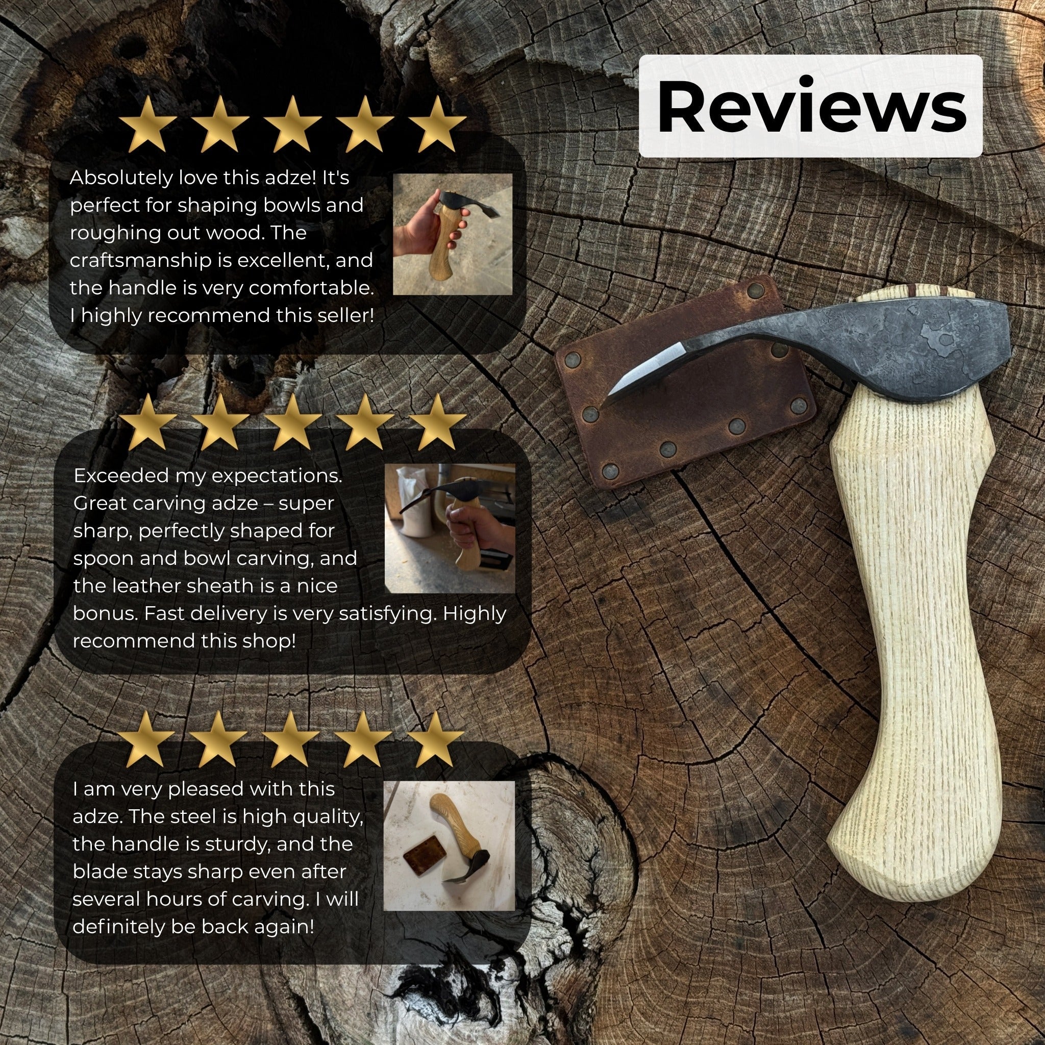 Small hand-forged adze with straight flat blade and ash wood handle by Sharky Forged Steel Tools
