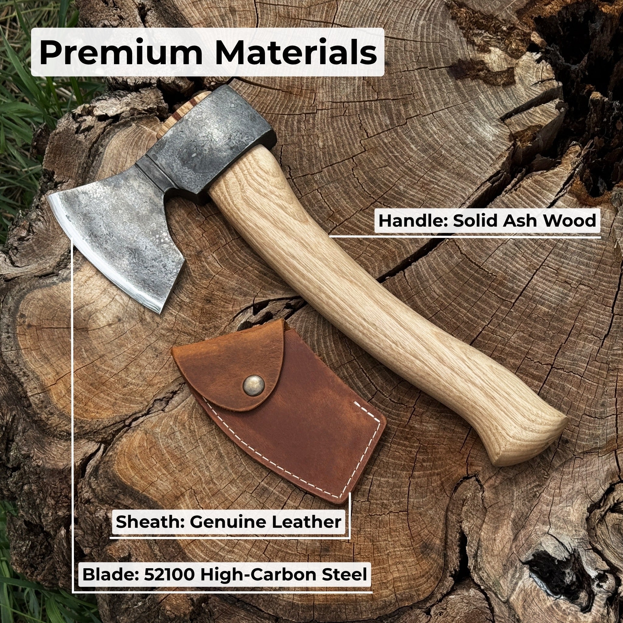 Small hand-forged carving axe with ash wood handle and leather sheath