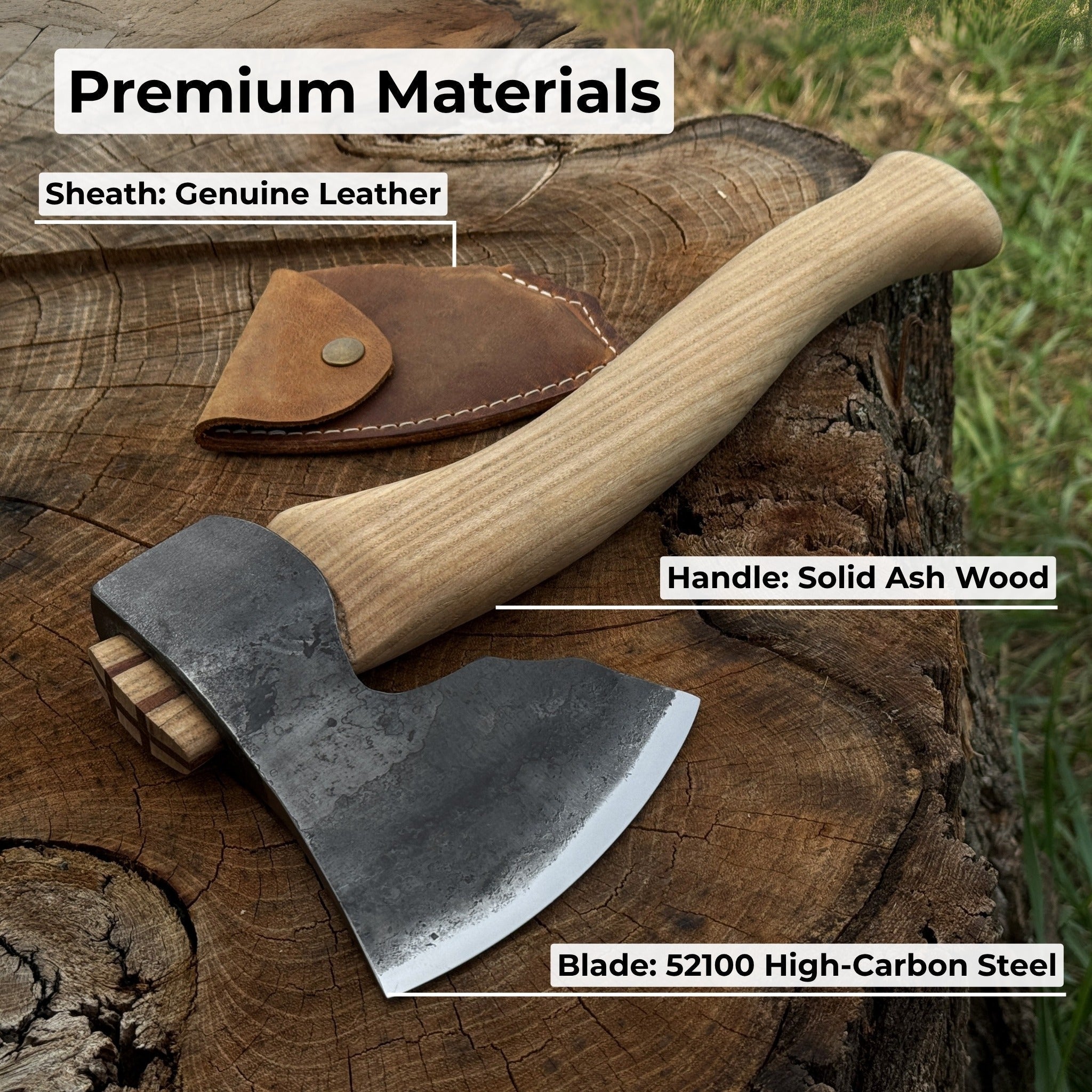 Hand-forged small carving axe with ash wood handle and leather sheath