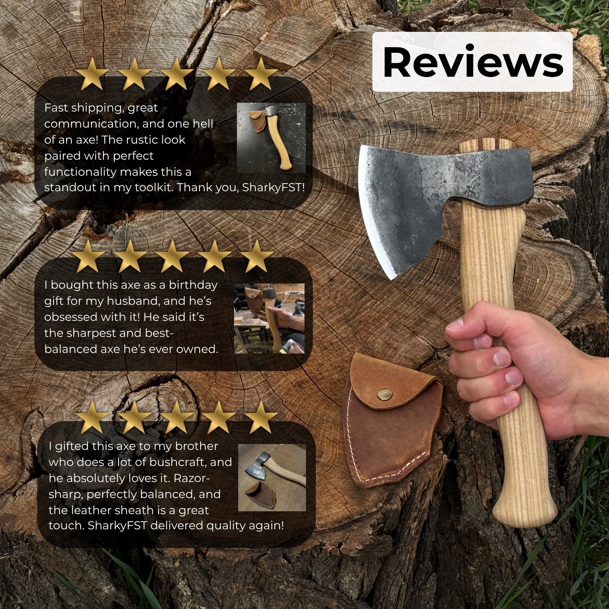 Hand-forged small carving axe with ash wood handle and leather sheath