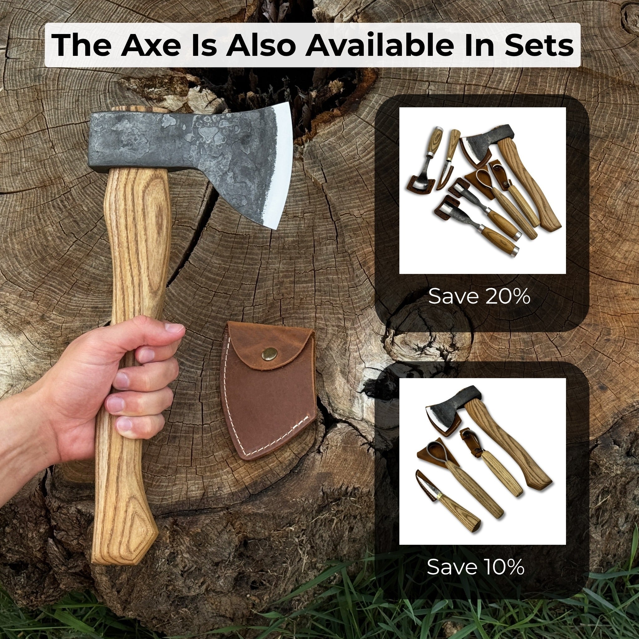 Hand-forged small carving axe with ash wood handle and leather case