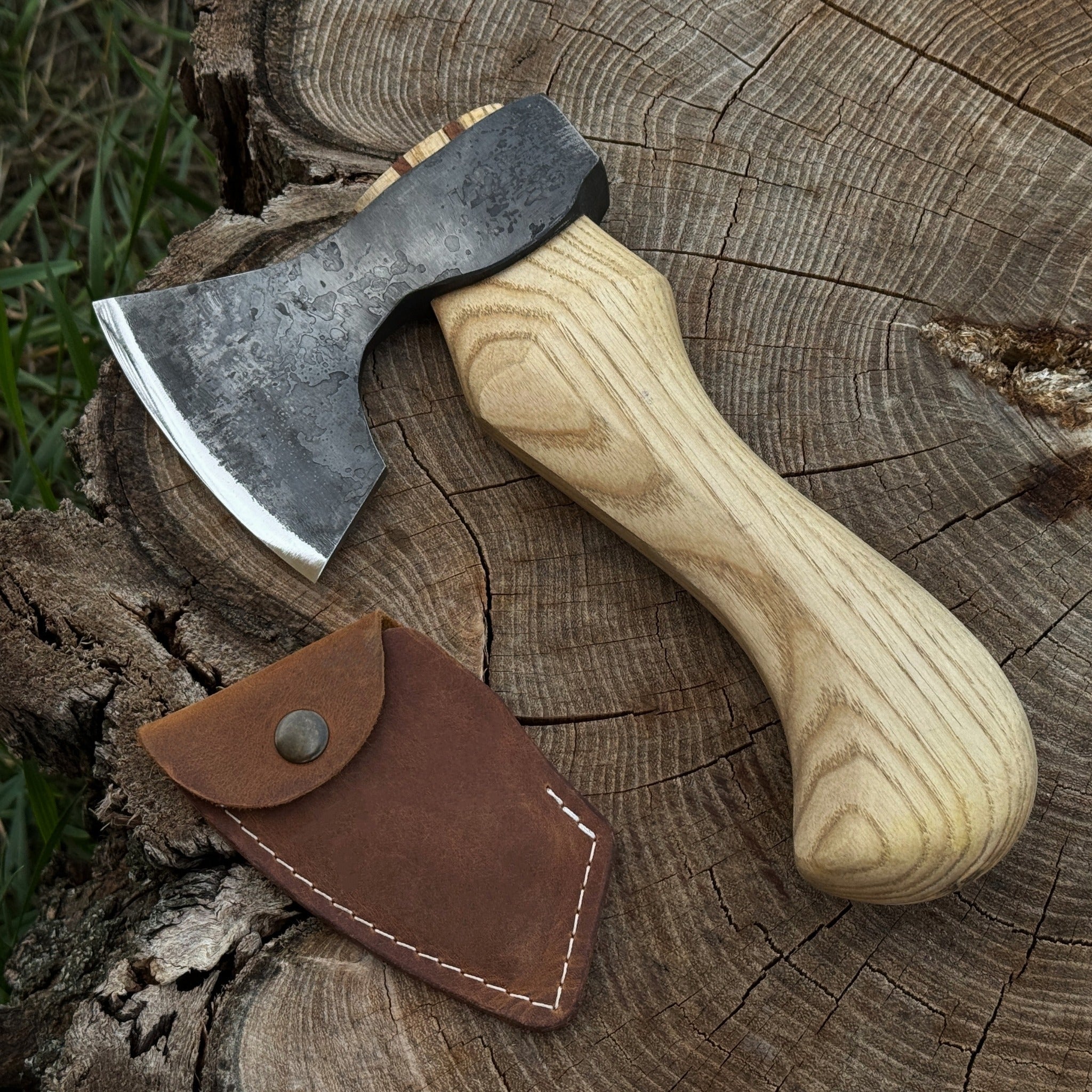 Small carving axe with leather sheath by Sharky Forged Steel Tools