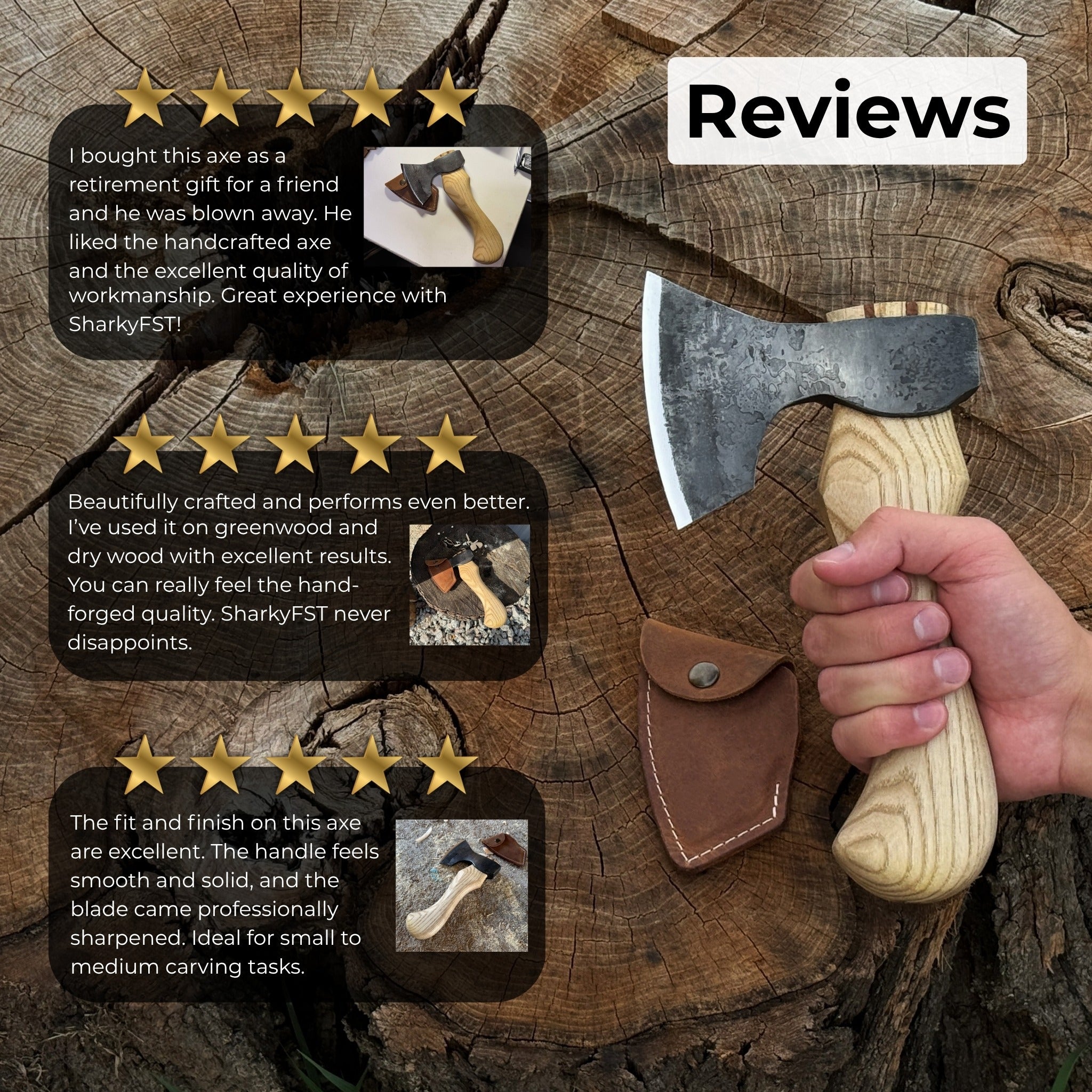 Small carving axe with leather sheath by Sharky Forged Steel Tools