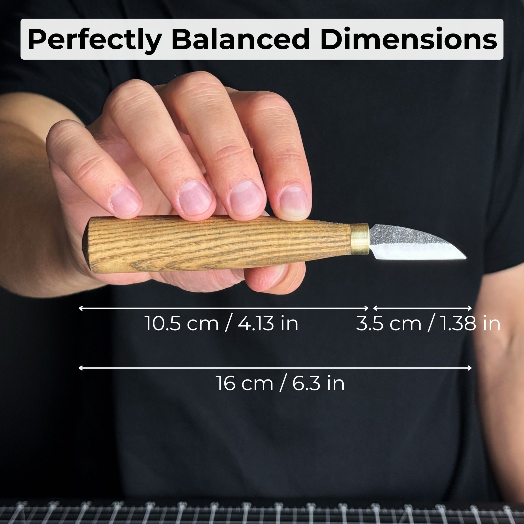 Small chip carving knife with 3.5 cm blade and ash wood handle by Sharky Forged Steel Tools