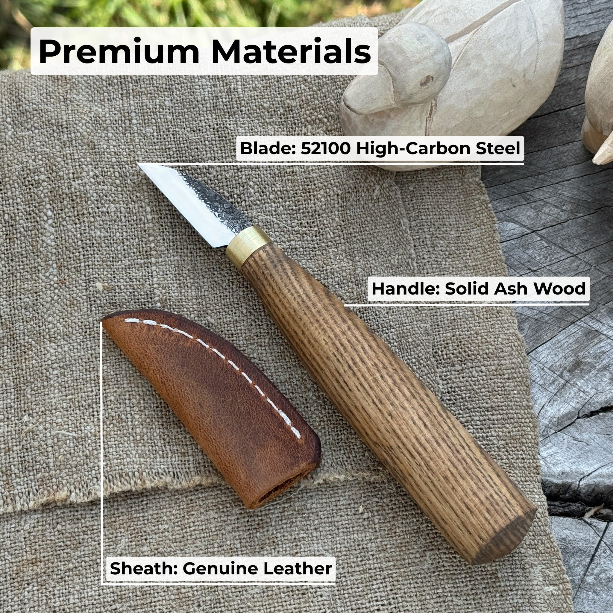 Small chip carving knife with 3.5 cm blade and ash wood handle by Sharky Forged Steel Tools