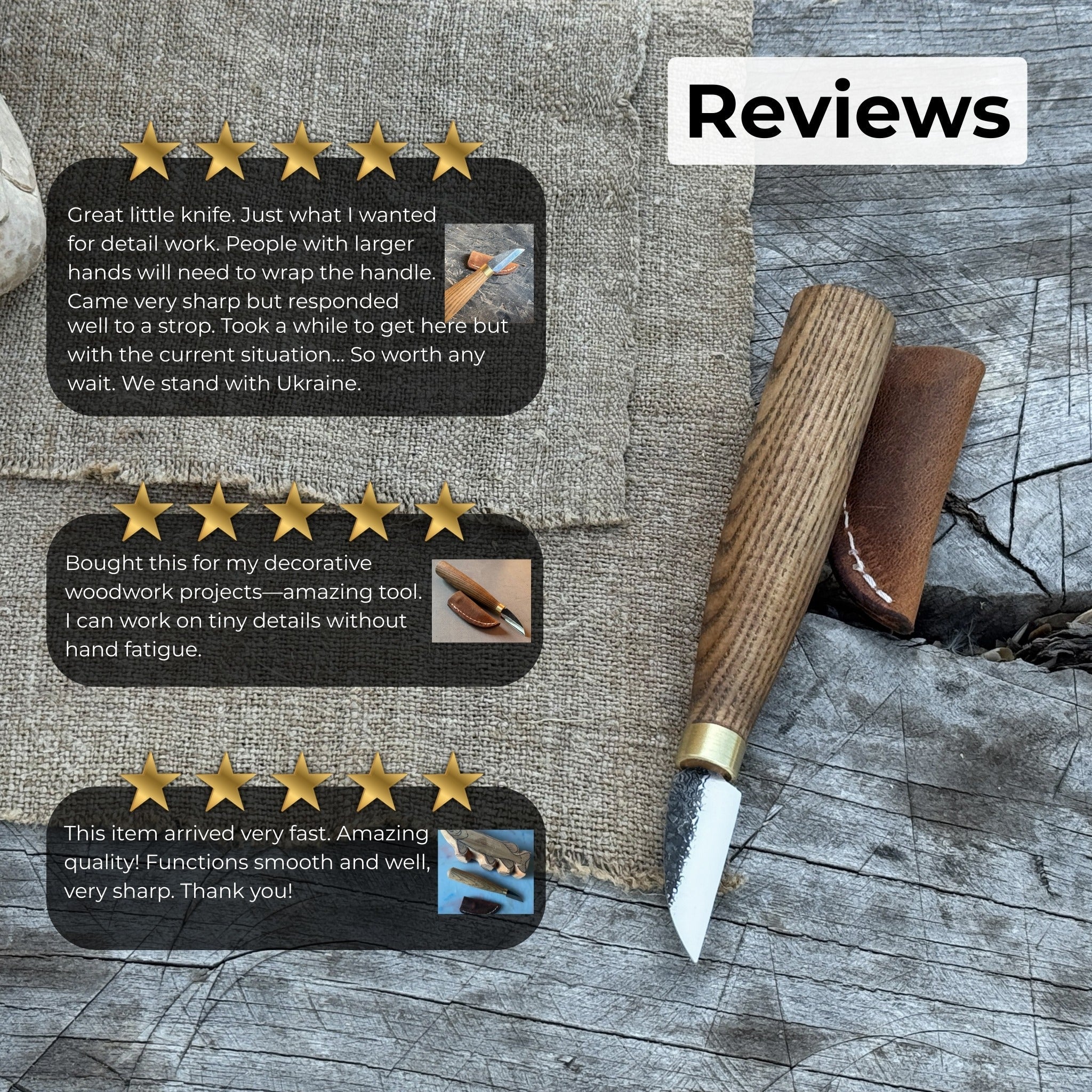 Small chip carving knife with 3.5 cm blade and ash wood handle by Sharky Forged Steel Tools
