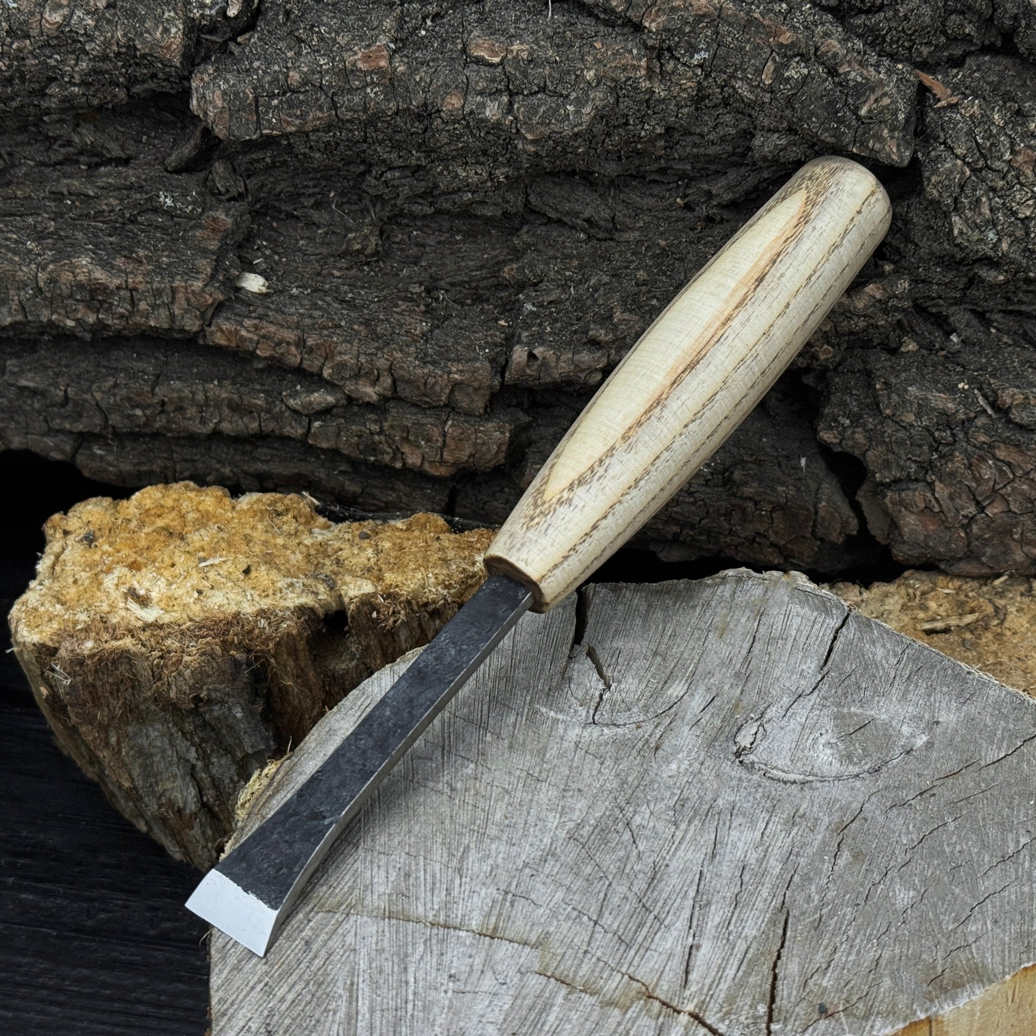 Small Flat Carving Chisel with 20 mm blade and ash wood handle by Sharky Forged Steel Tools