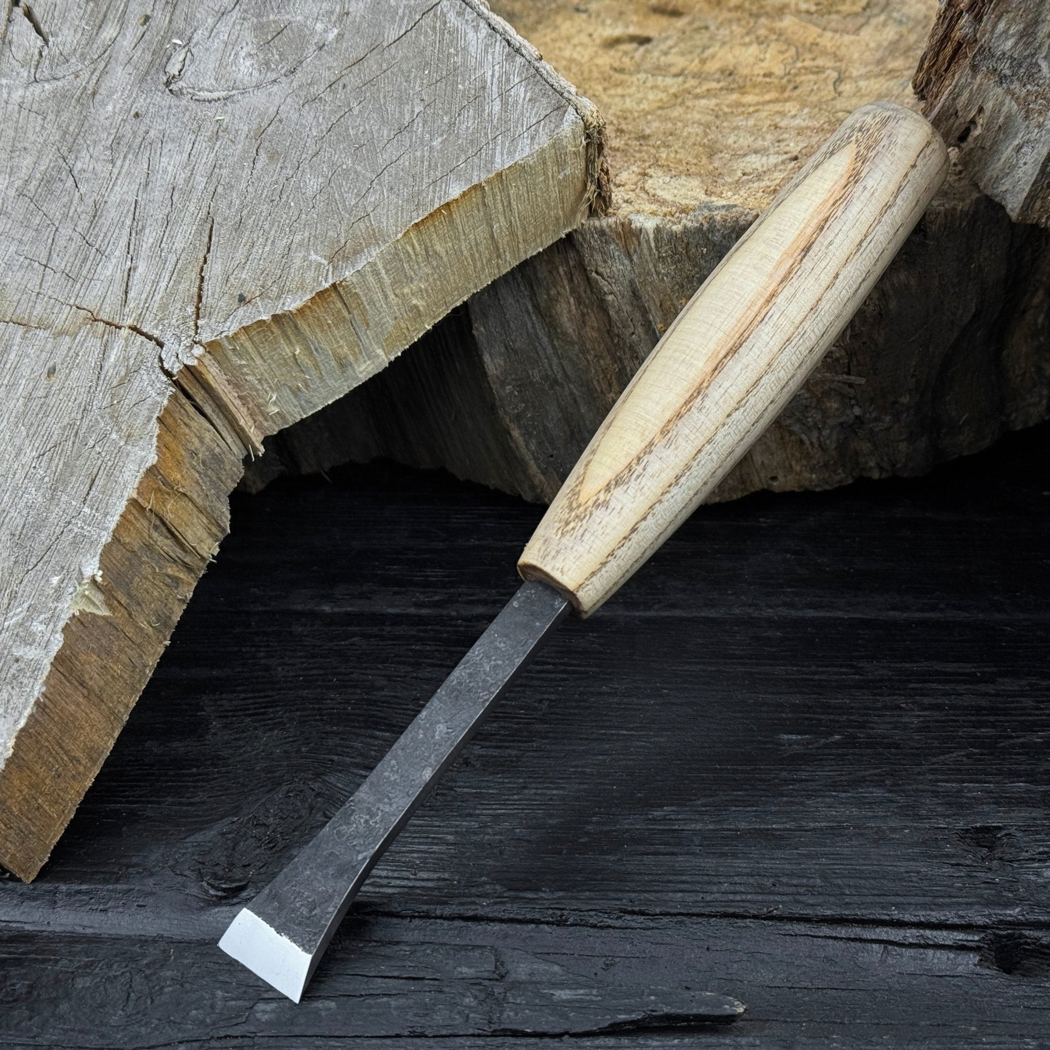 Small Flat Carving Chisel with 20 mm blade and ash wood handle by Sharky Forged Steel Tools