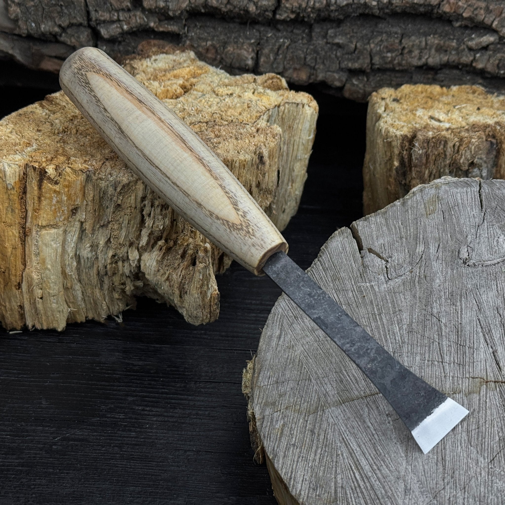 Small Flat Carving Chisel with 20 mm blade and ash wood handle by Sharky Forged Steel Tools