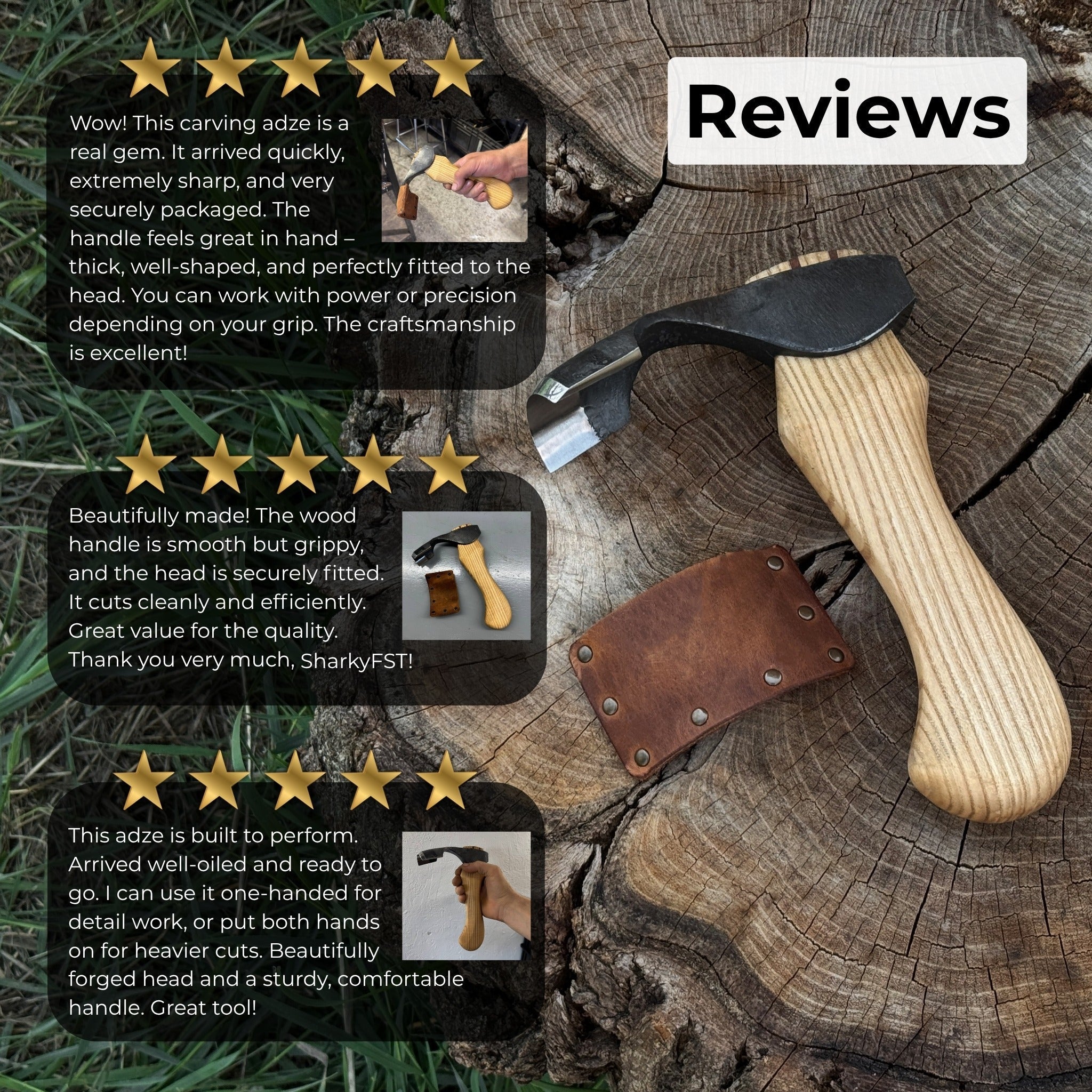 Small Kuksa Adze with deep curved round blade and ash wood handle by Sharky Forged Steel Tools