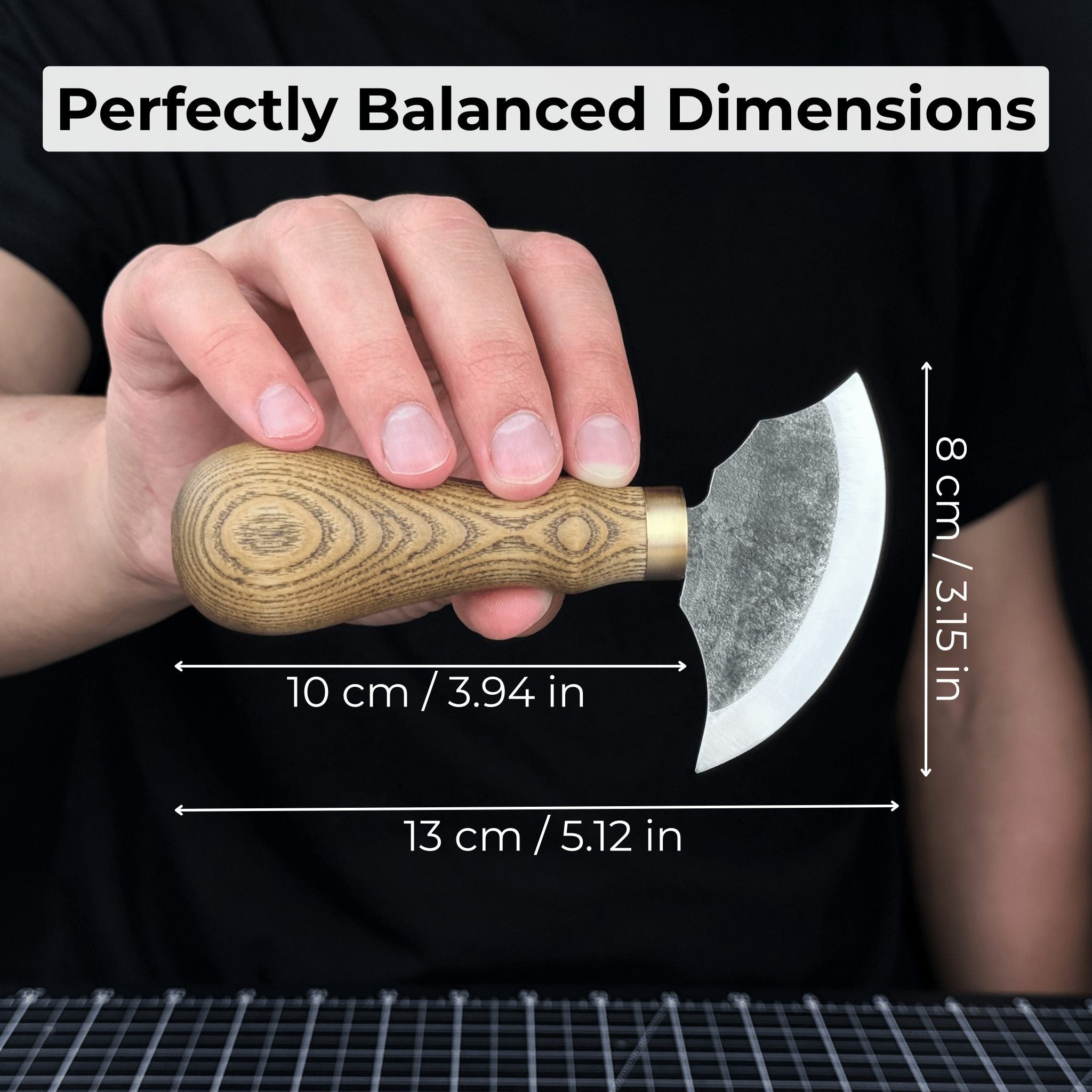 Small leather round knife with ash wood handle and high-carbon steel blade