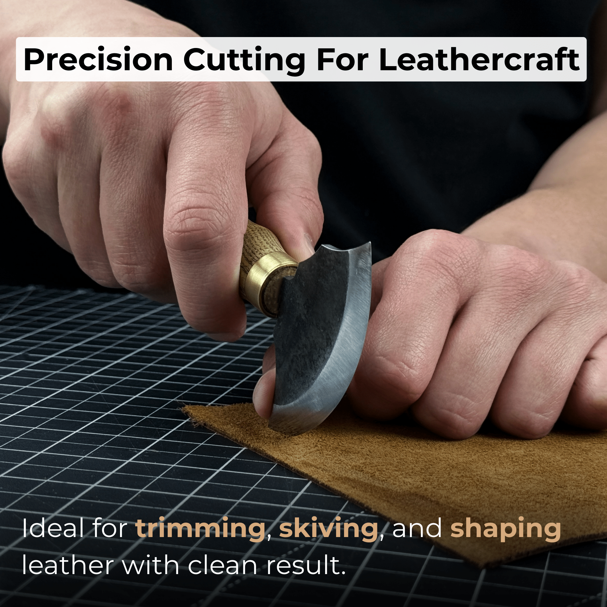 Small leather round knife with ash wood handle and high-carbon steel blade