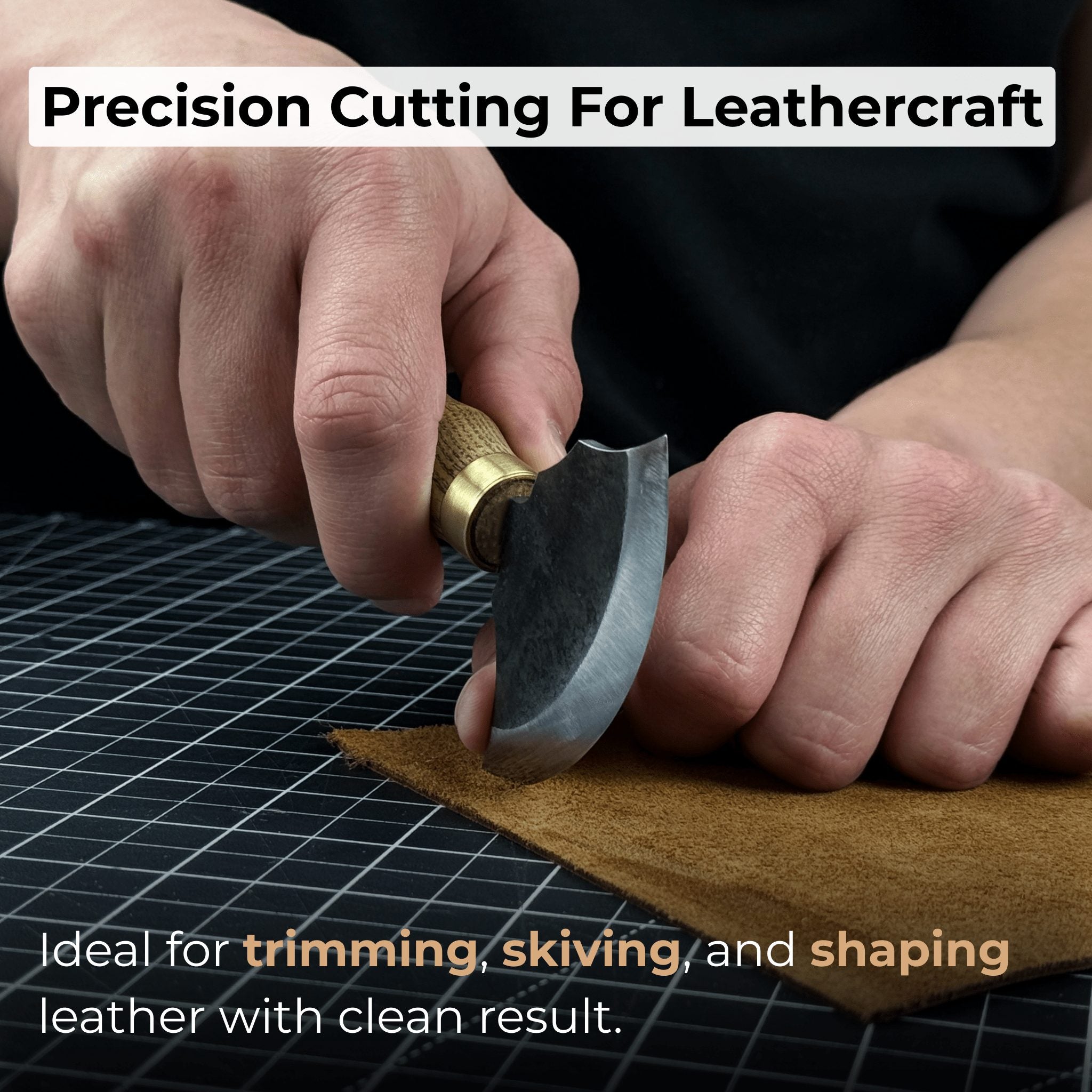 Small leather round knife with ash wood handle and high-carbon steel blade