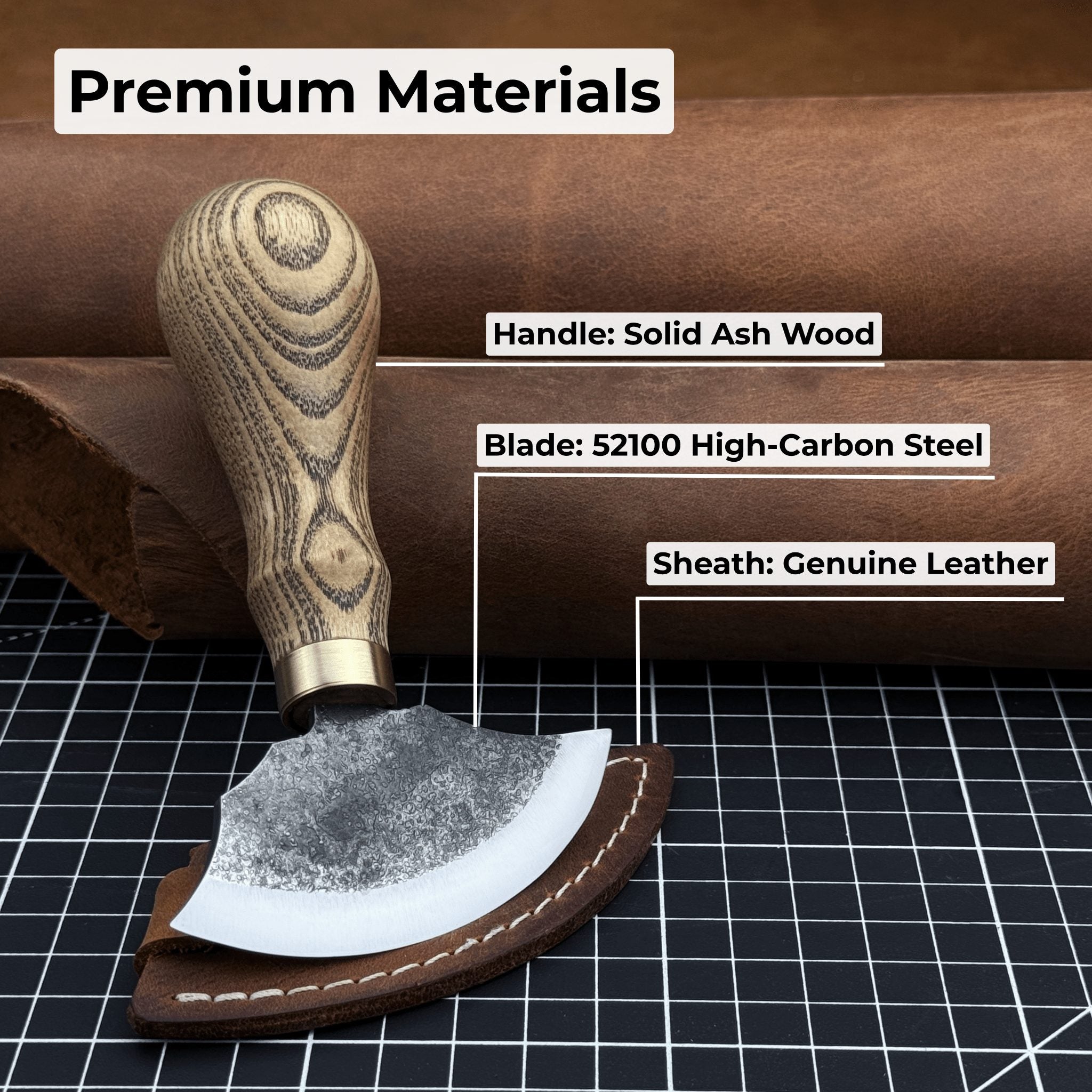 Small leather round knife with ash wood handle and high-carbon steel blade