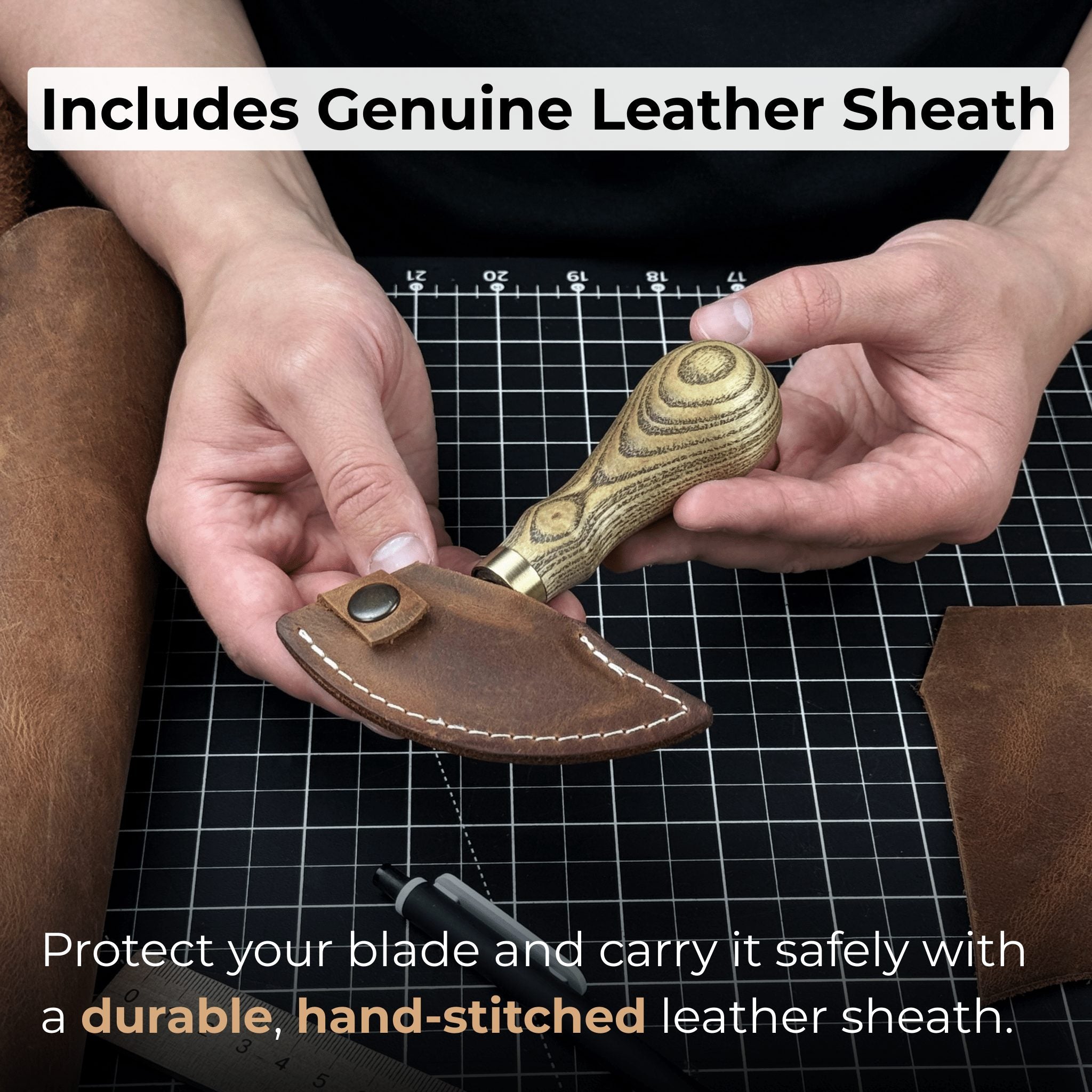 Small leather round knife with ash wood handle and high-carbon steel blade