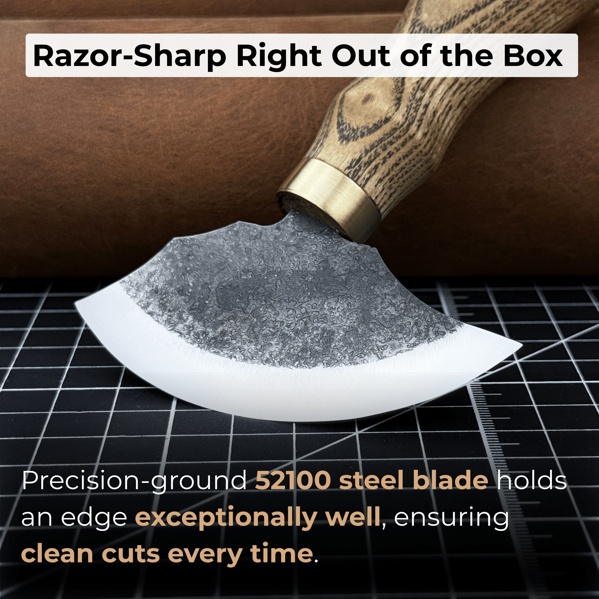 Small leather round knife with ash wood handle and high-carbon steel blade