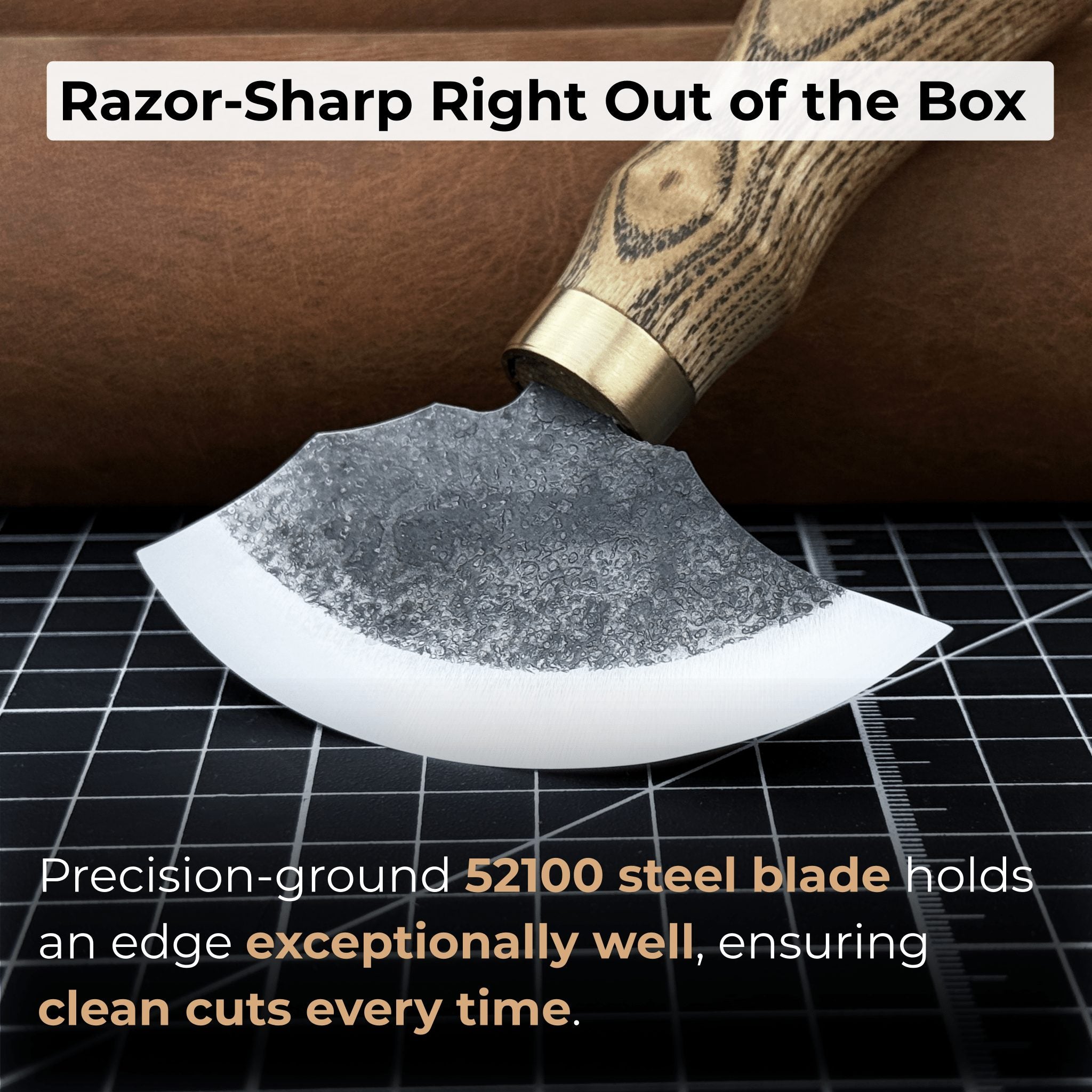 Small leather round knife with ash wood handle and high-carbon steel blade