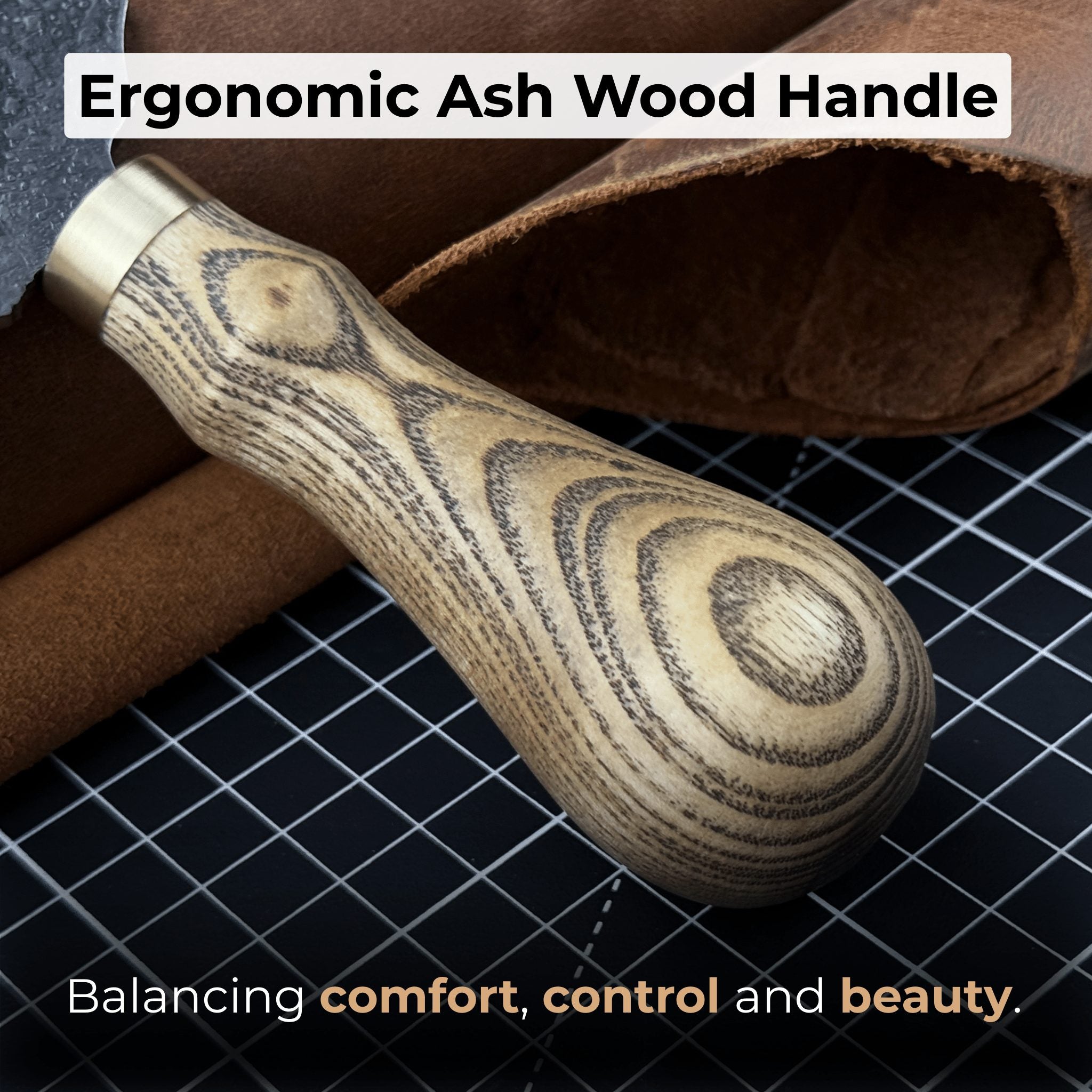 Small leather round knife with ash wood handle and high-carbon steel blade