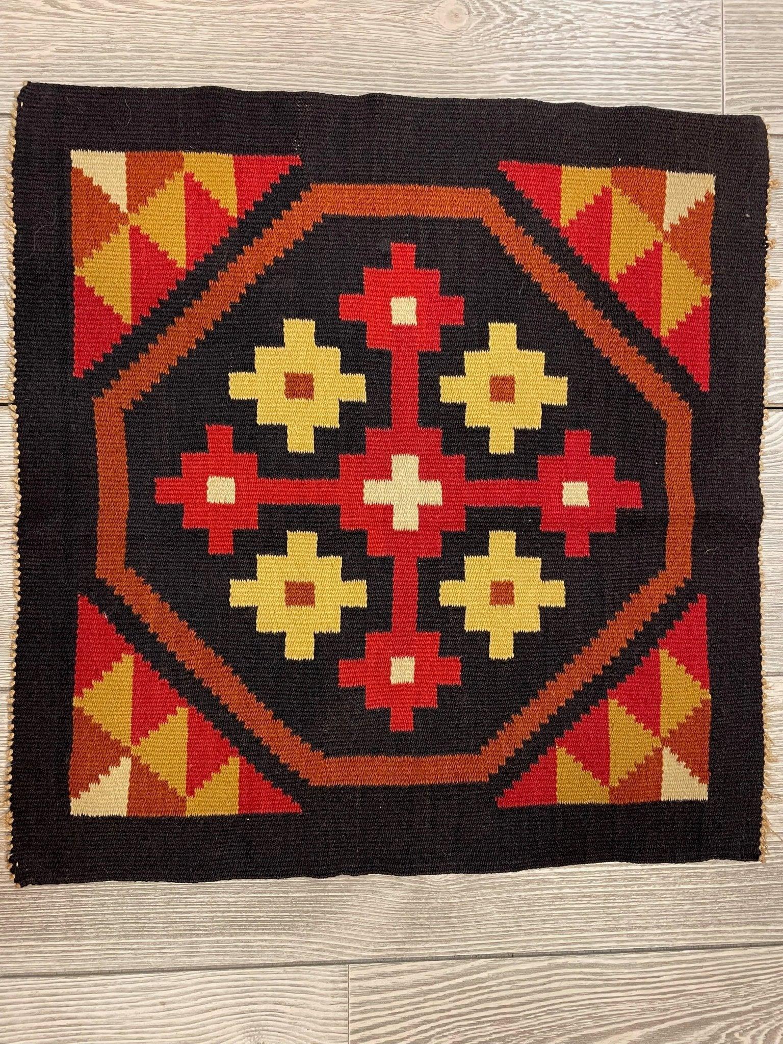 Small Mexican hand woven Kilim rug, geometric pattern, 19 inch square, multi-color wool