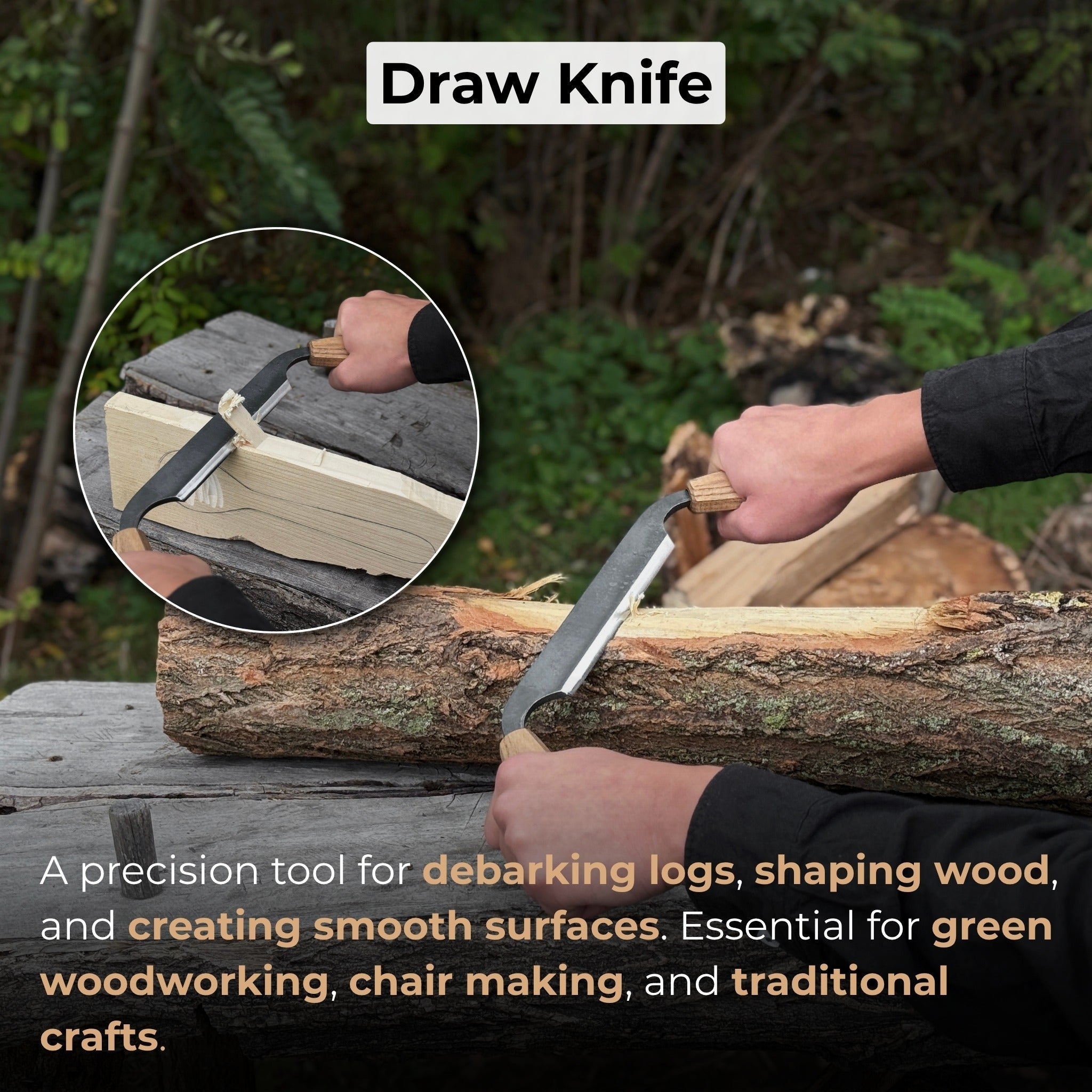 Small straight drawknife with 14.5 cm cutting edge and ash wood handle