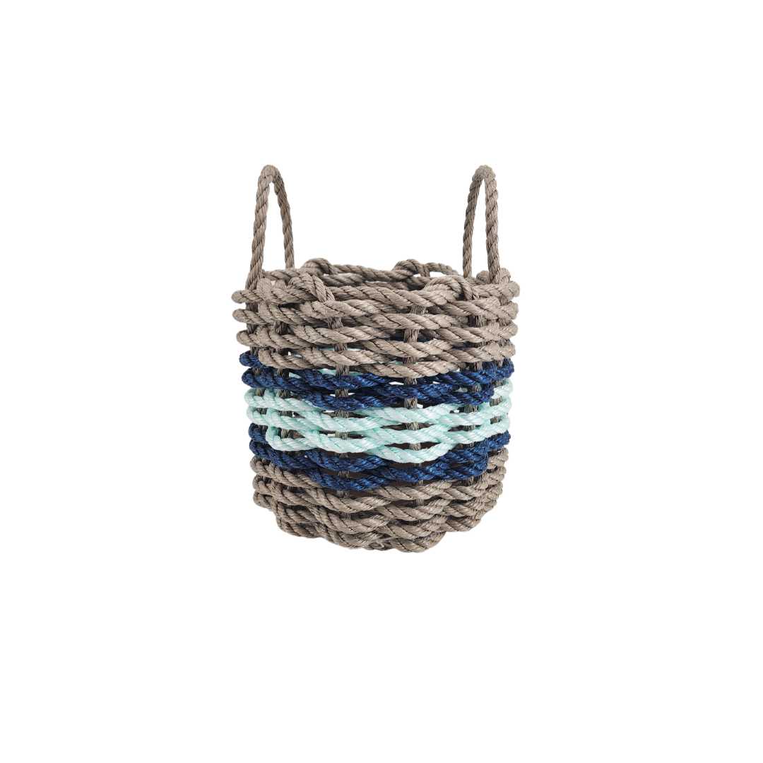 Lobster rope basket in tan and seafoam colors with navy accents, shown in multiple sizes