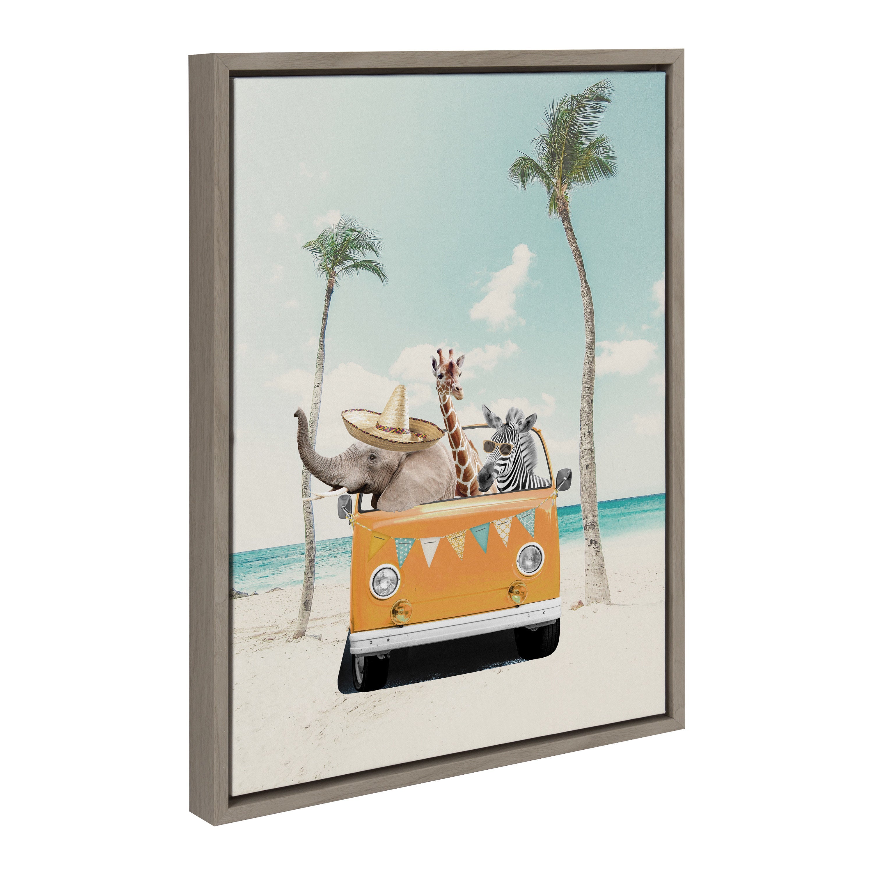 Sylvie Beach Adventures framed canvas art showing colorful beach scene with people, sailboats, and vibrant coastal elements