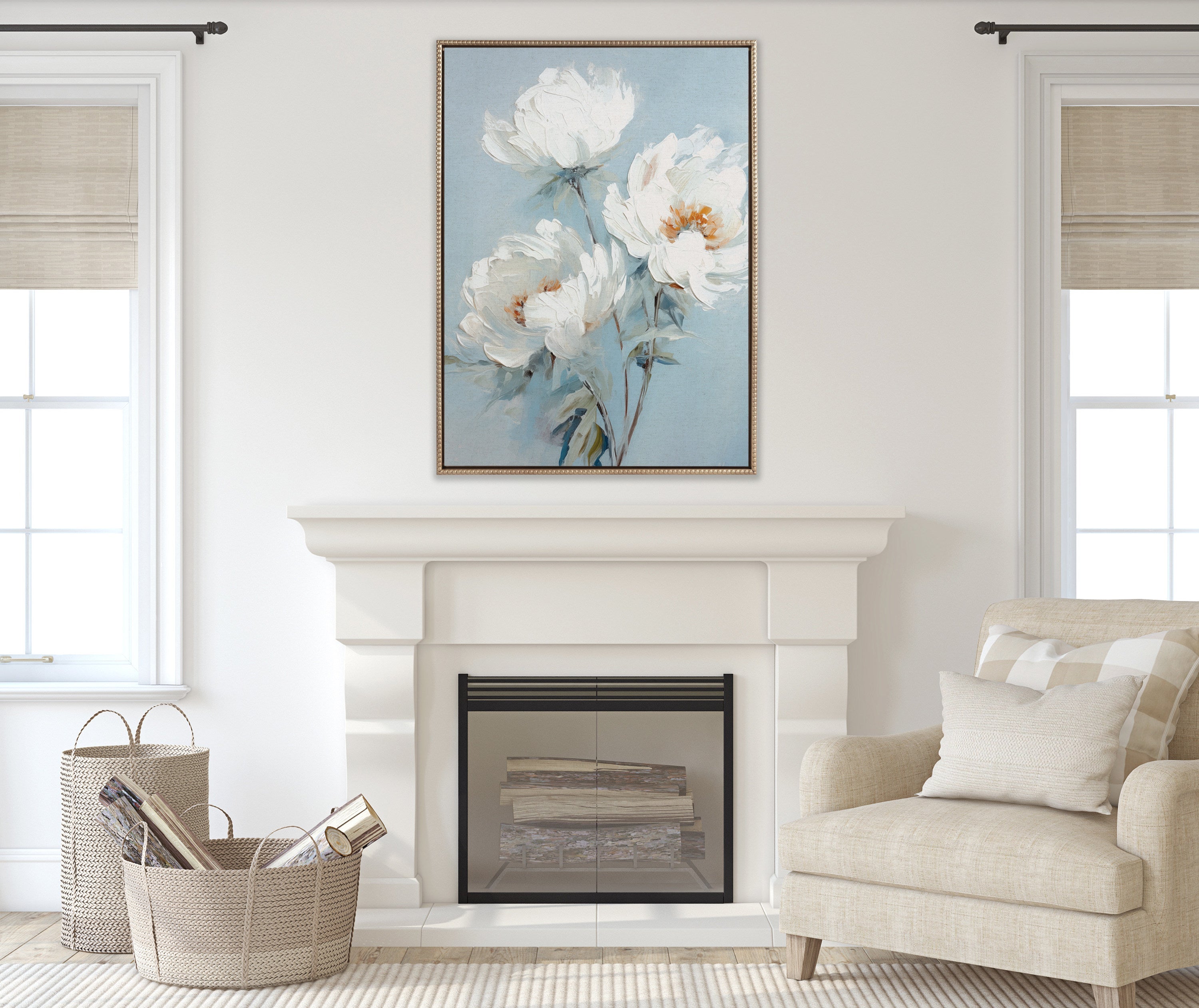 Sylvie Beaded White Peonies on Ocean Blue Framed Canvas by The Creative Bunch Studio
