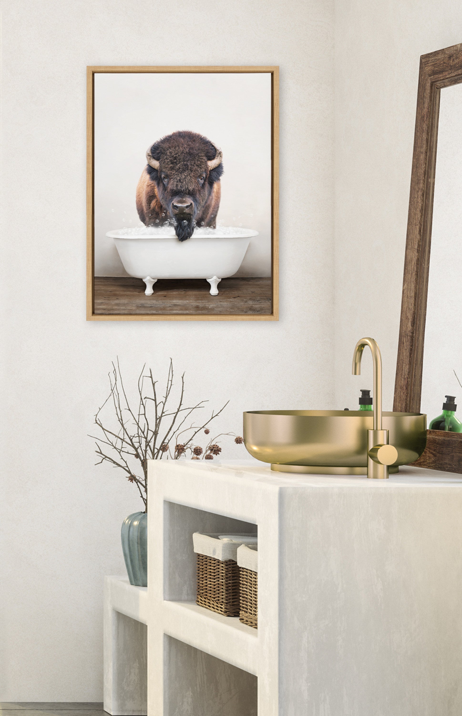 Sylvie Bison Rustic Bubble Bath Framed Canvas by kateandlaurel - product image 4 for Resin Society