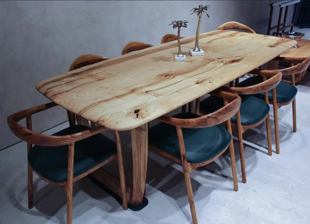 Rustic solid chestnut wood dining table with chestnut legs showing natural grain and knots