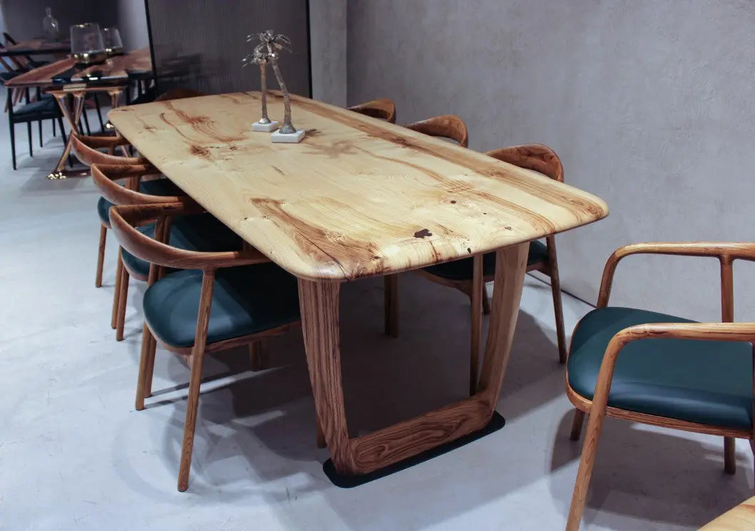 Rustic solid chestnut wood dining table with chestnut legs showing natural grain and knots