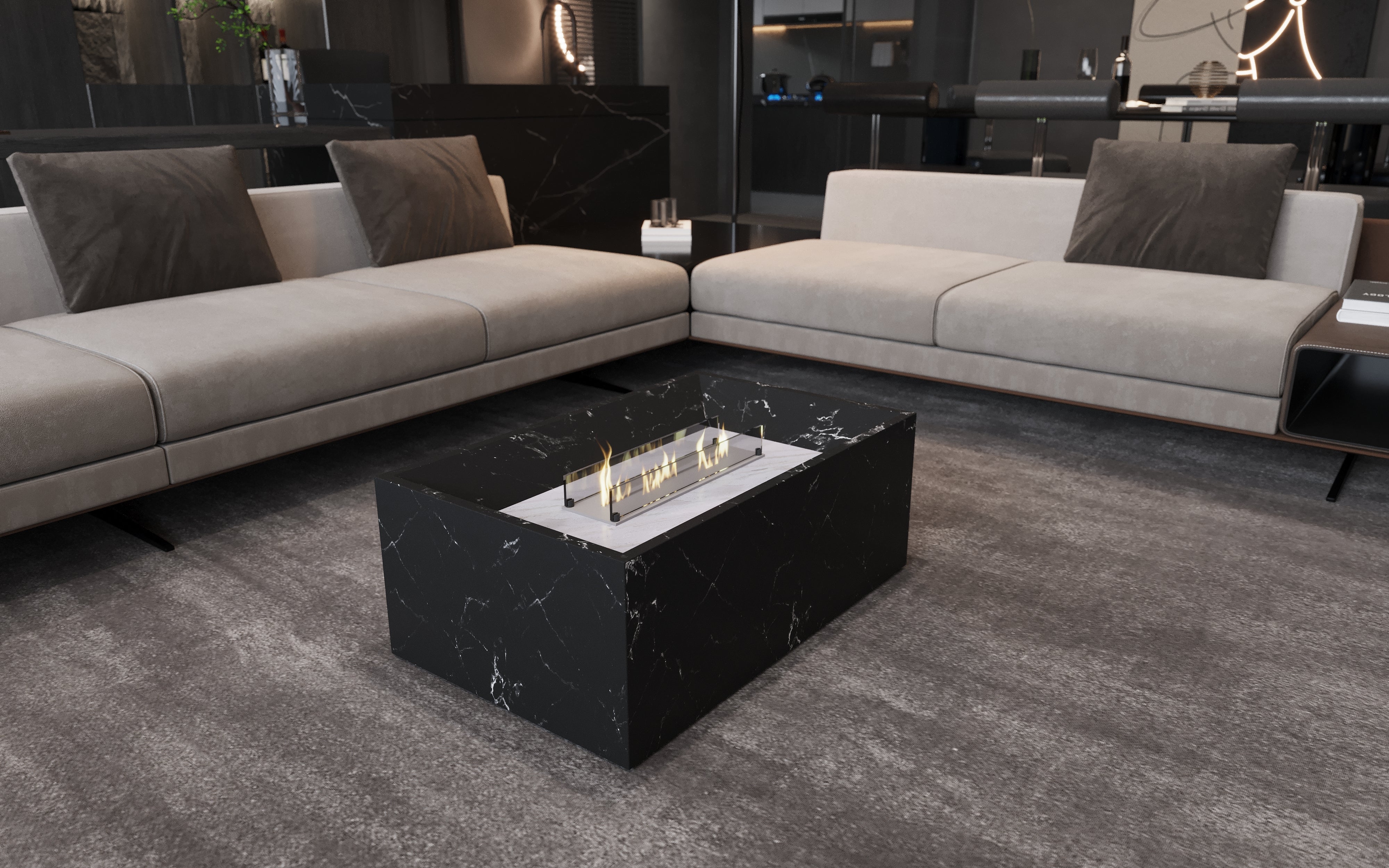 Black Marble Coffee Table with Built-in Fireplace by MEG Custom Marble By Ziynet A. LLC - main product image for Resin Society