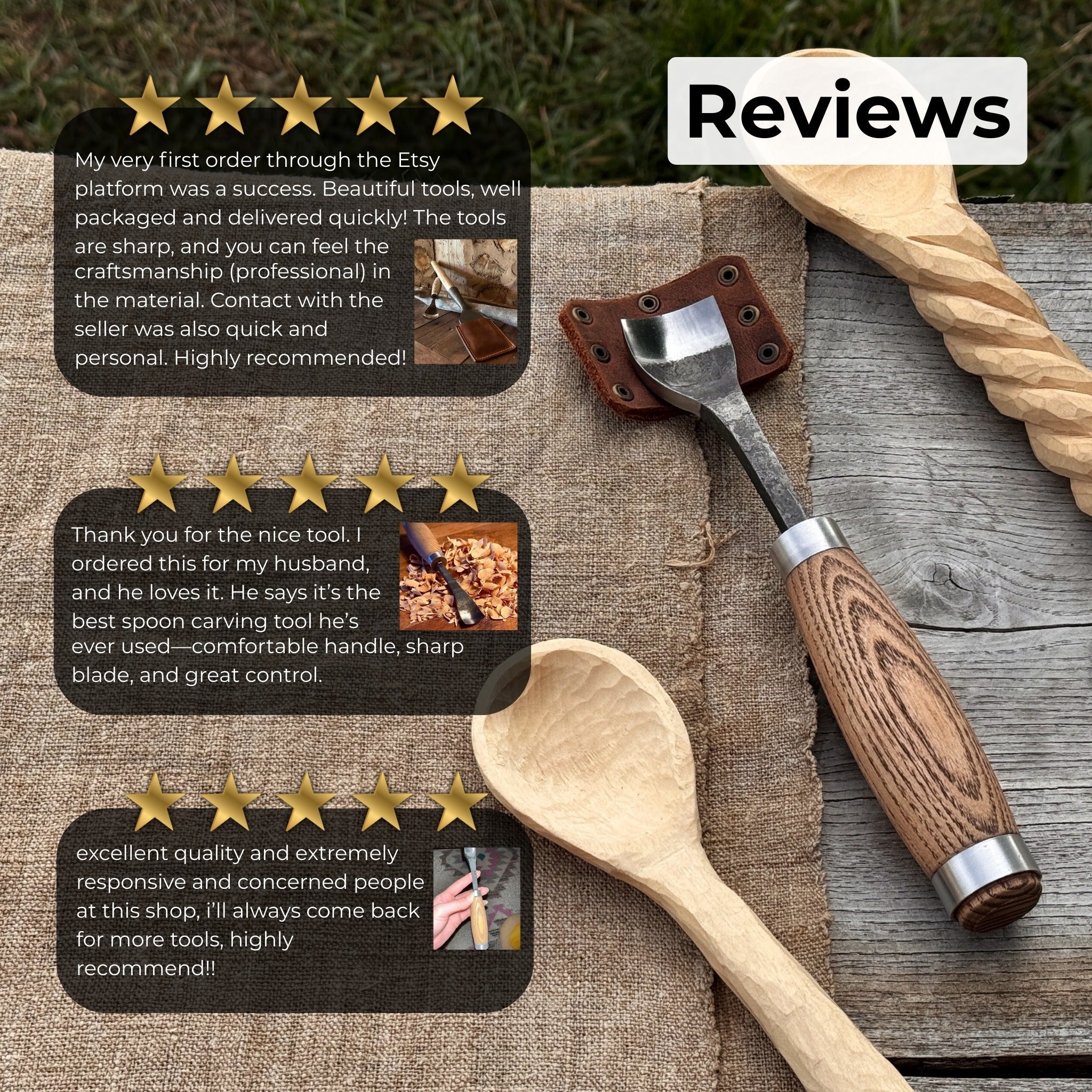 Hand-forged spoon bent gouge with ash wood handle and carbon steel blade